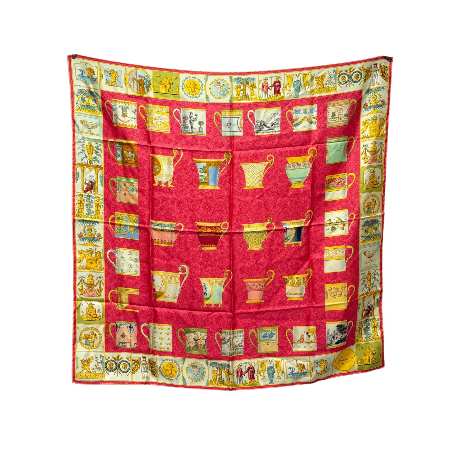 Gucci Red and Gold Teacup Printed Silk Scarf: Gucci Silk Scarf with Teacup motif. Approx. 33 inches across.