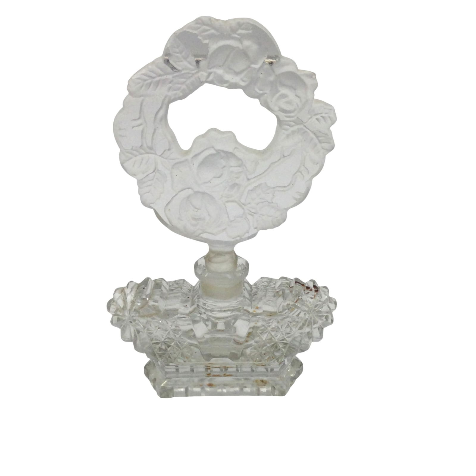 Bohemian Cut Crystal Perfume Bottle: Bohemian Cut Crystal Perfume Bottle and cut and frosted floral dauber. Approx. 6 inches tall x 3.5 wide x 1.25 deep.