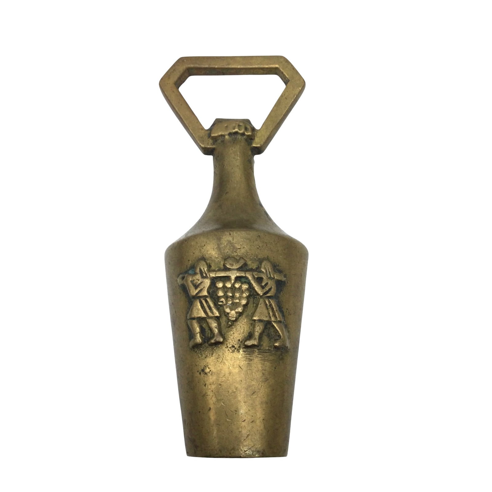 Made in Israel Brass Corkscrew and Bottle Opener: Made in Israel Brass wine bottle shaped Corkscrew and Bottle Opener. approx. 4 inches tall x 1.5 wide x 0.5 deep.