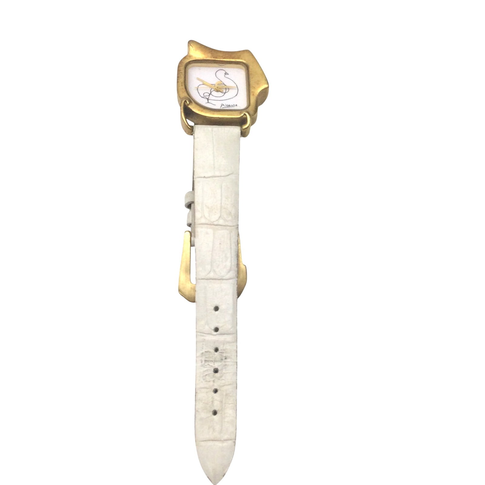 The Picasso Watch for Women: Woman's Picasso Watch 1997 with swiss movement. Model pp57. Gold accent with white leather strap. Approx. 7.25 inches long x 1-1/8 wide.