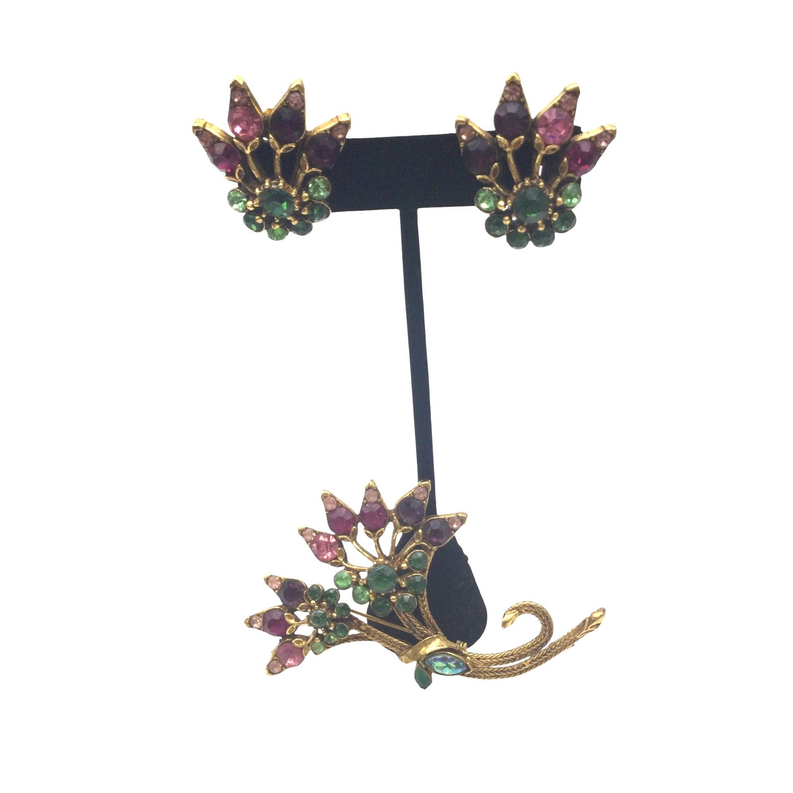 Vintage Florenza 3 Pc Set Brooch and Earrings: Florenza 3 Pc Floral rhinestone Set Brooch and clip-on Earrings. Approx. (brooch) 3 inches tall x 2.25 wide, (earring) 1.25 across