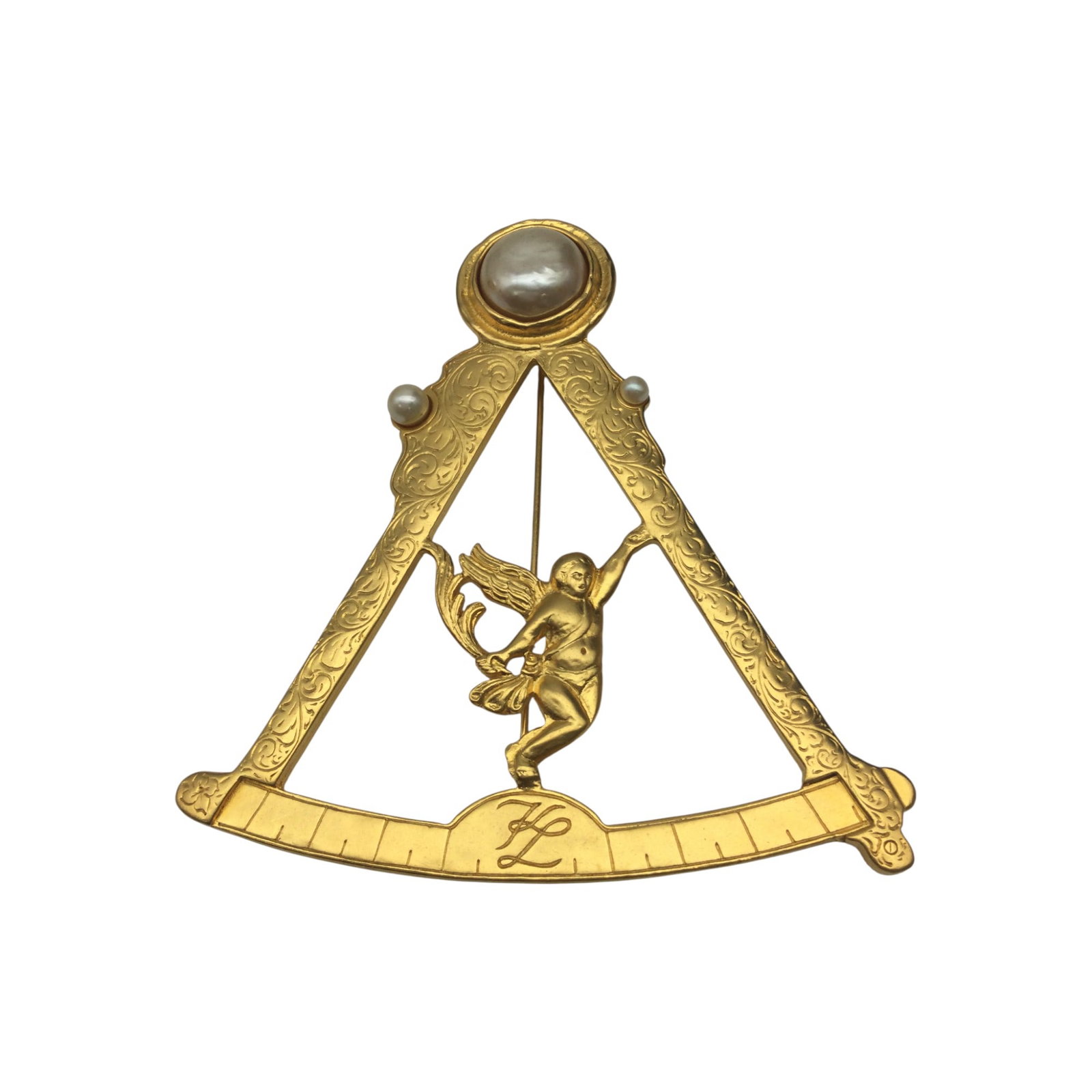 Karl Lagerfeld Large Cherub Scale Brooch: Karl Lagerfeld Large Cherub Scale Brooch in gold tone with faux pearls. Approx. 3.75 inches tall x 3.5 wide.