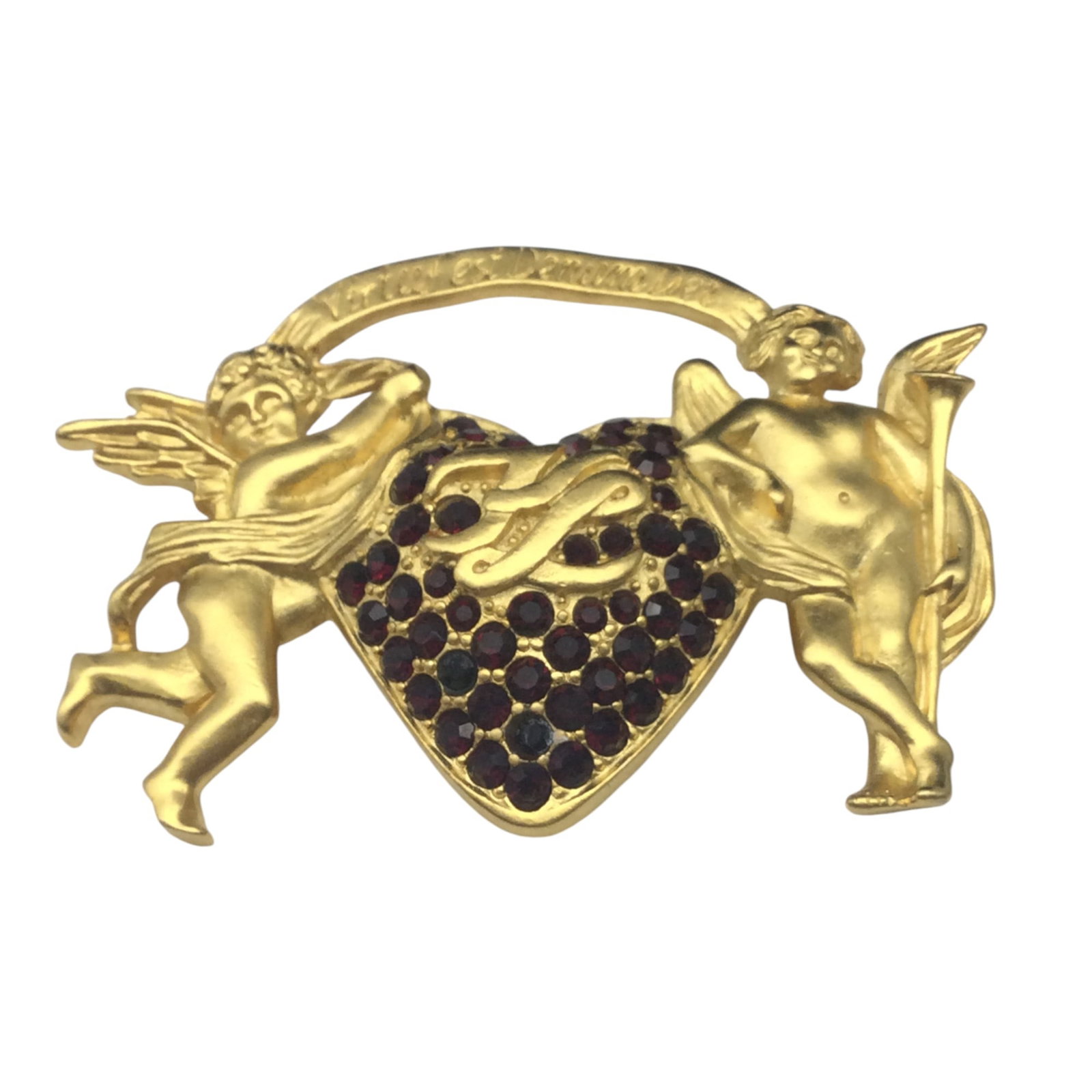 Karl Lagerfeld Cherub and Heart Brooch: Karl Lagerfeld Cherub and Heart Brooch with red crystals, banner says, Virtu Fest Dendum Dei. Approx. 2 inches tall x 2.5 wide.