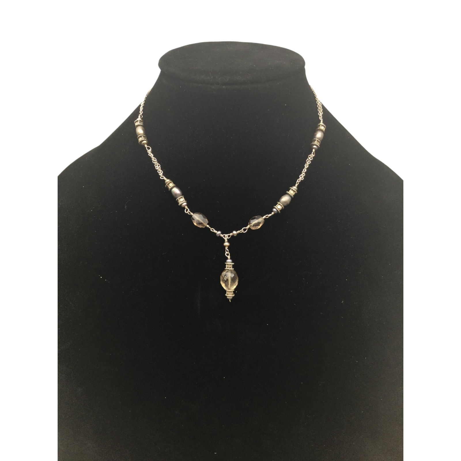 Lenni Navarro Stamped 925 Sterling Necklace: Lenni Navarro Stamped 925 Necklace with Pearl and Smokey Quartz beads. Approx. 15.5 inches end to end x 1 inch pendant drop.