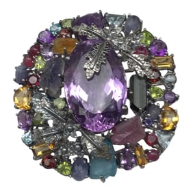 Stamped 925 Sterling Silver Gemstone and Rhinestone Brooch/Pendant