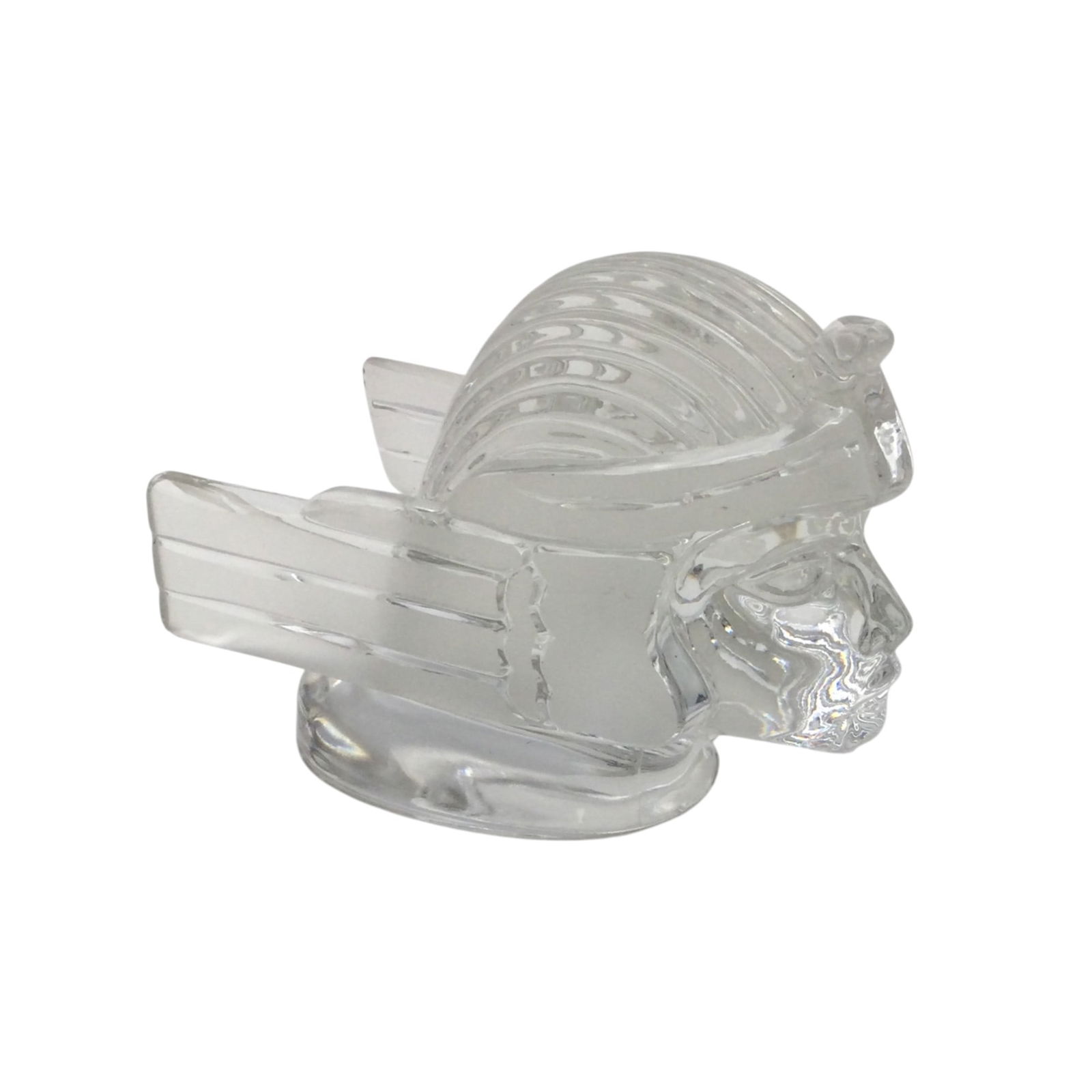 Hermes Greek Deity Shaped Glass Paperweight: Hermes Greek Deity Shaped Glass car mascot Paperweight. Approx. 3.25 inches tall x 2.5 wide x 4.25 deep.