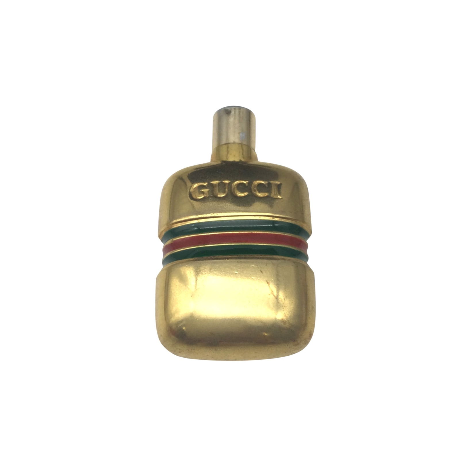 Gucci Perfume Refillable Flask Bottle: Gucci flask shaped Perfume Refillable Mini Bottle. Approx. 1.75 inches tall x 1 wide x 0.5 deep.