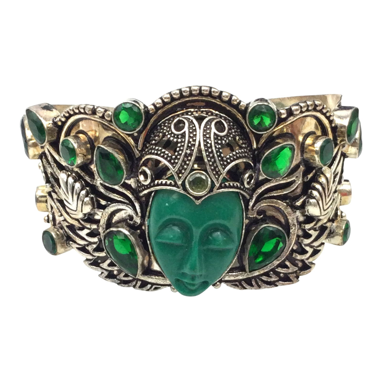 Marked 925 Sterling Silver Cuff Bracelet: Marked 925 Sterling Silver Green Mask Cuff Bracelet. Approx. 2 tall x 2.5 wide x 2 deep.