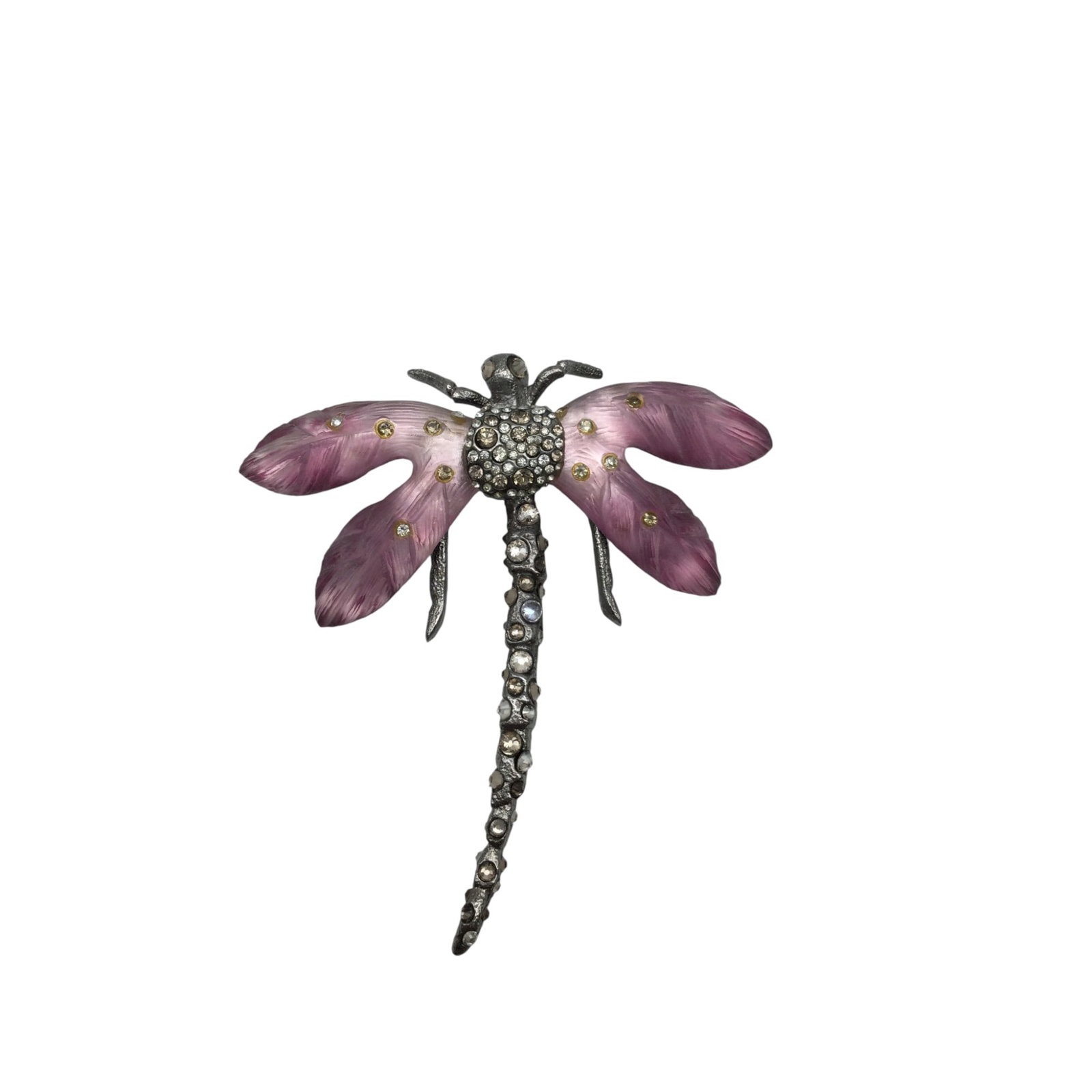Vintage Alexis Bittar Dragonfly Brooch: Vintage Alexis Bittar Dragonfly Brooch with Pink acrylic wings and clear Rhinestone accents. Approx. 3.25 long x 3 inches wide.