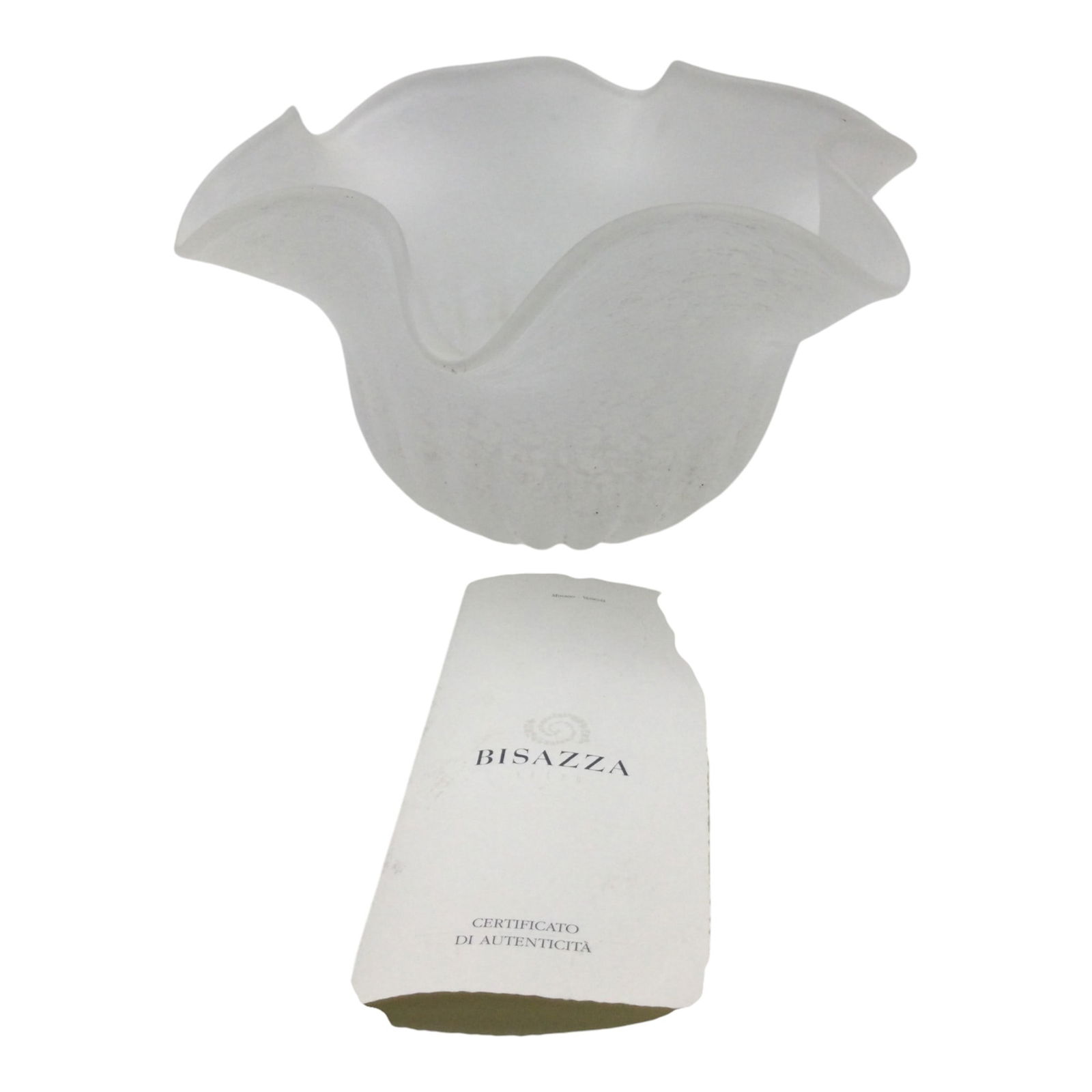 Bisazza Murano Art Glass By Paolo Traversi: Paolo Traversi Murano white frosted Vase with Bisazza Cert of Auth. Approx. 7 inches tall x 12.25 across, 4.9 lbs.