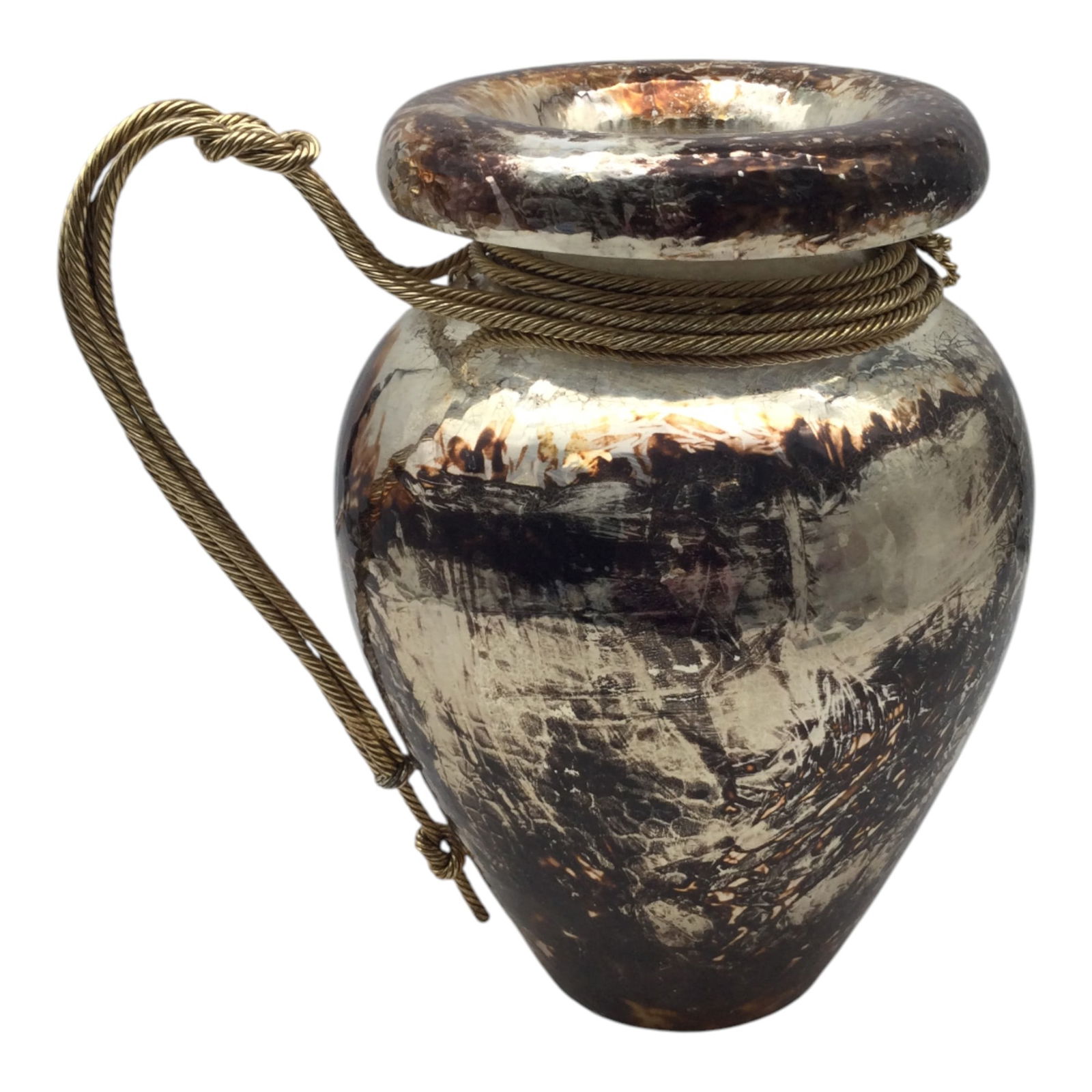 Edigio Broggi Mid-Century Italian Hammered Metal Vase: Edigio Broggi Mid-Century Italian hammered Metal Vase with rope design handle. Approx. 8 inches tall x 8 wide x 6 deep, 1.13 lbs.