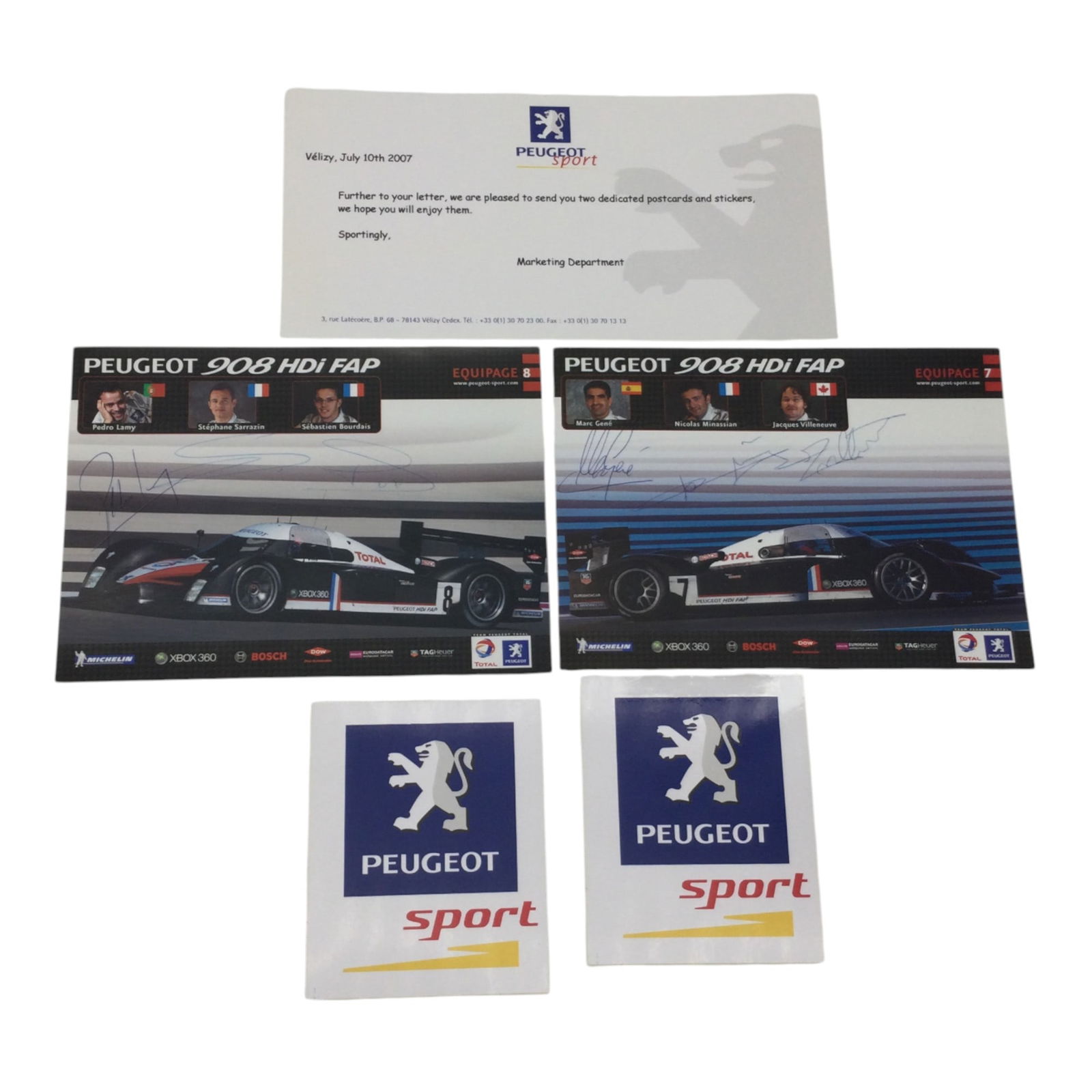 Signed Postcards From Peugeot Teams 7 and 8, Stickers and Letter From Marketing Department (1 of 2)