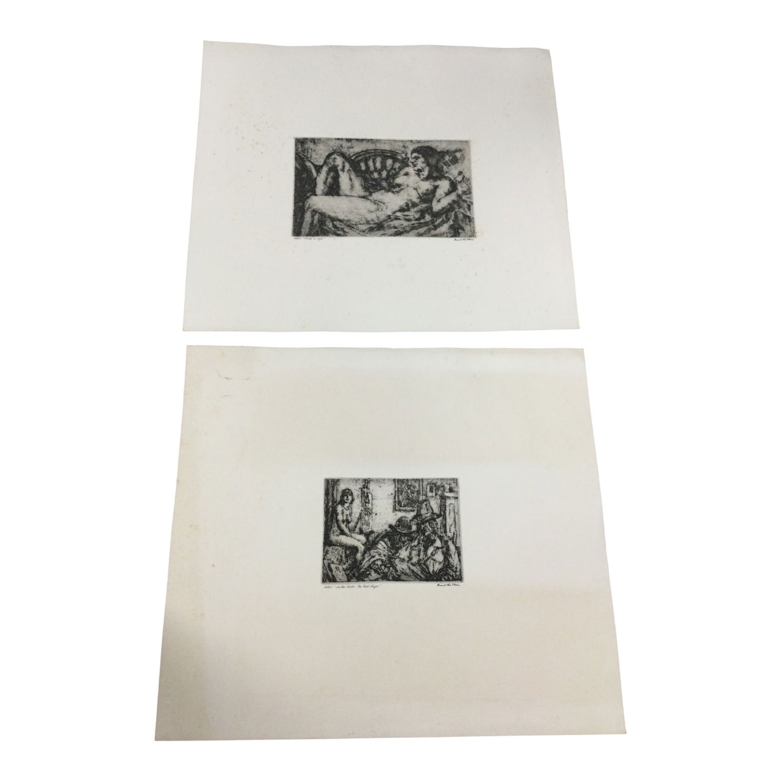 Pair Frank Van Sloun (American, 1879-1938) Signed Nude WoodBlocks: Pair Frank Van Sloun (American, 1879-1938) Signed Numbered and Titled Woodblock on Paper. 'Model on Sofa' 64/250 depicts a nude woman on a sofa. 'In the Studio - The Paint Buyer' 64/250 depicts a nude