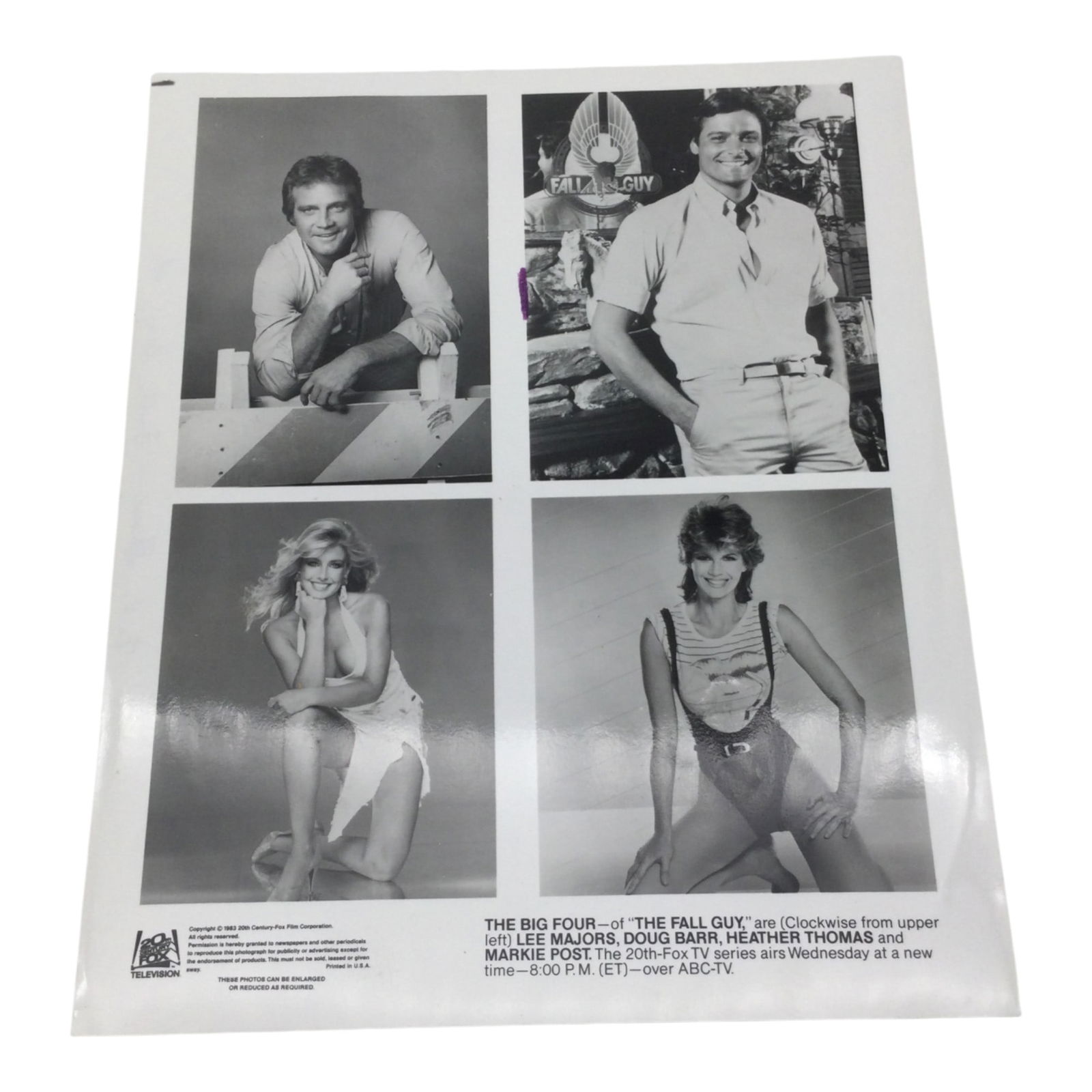 The Fall Guy' Advertising: The Fall Guy' Advertising for 20th-Fox TV series starring Lee Majors, Doug Barr, Heather THomas and Markie Post. Approx. 10 inches tall x 8 wide.