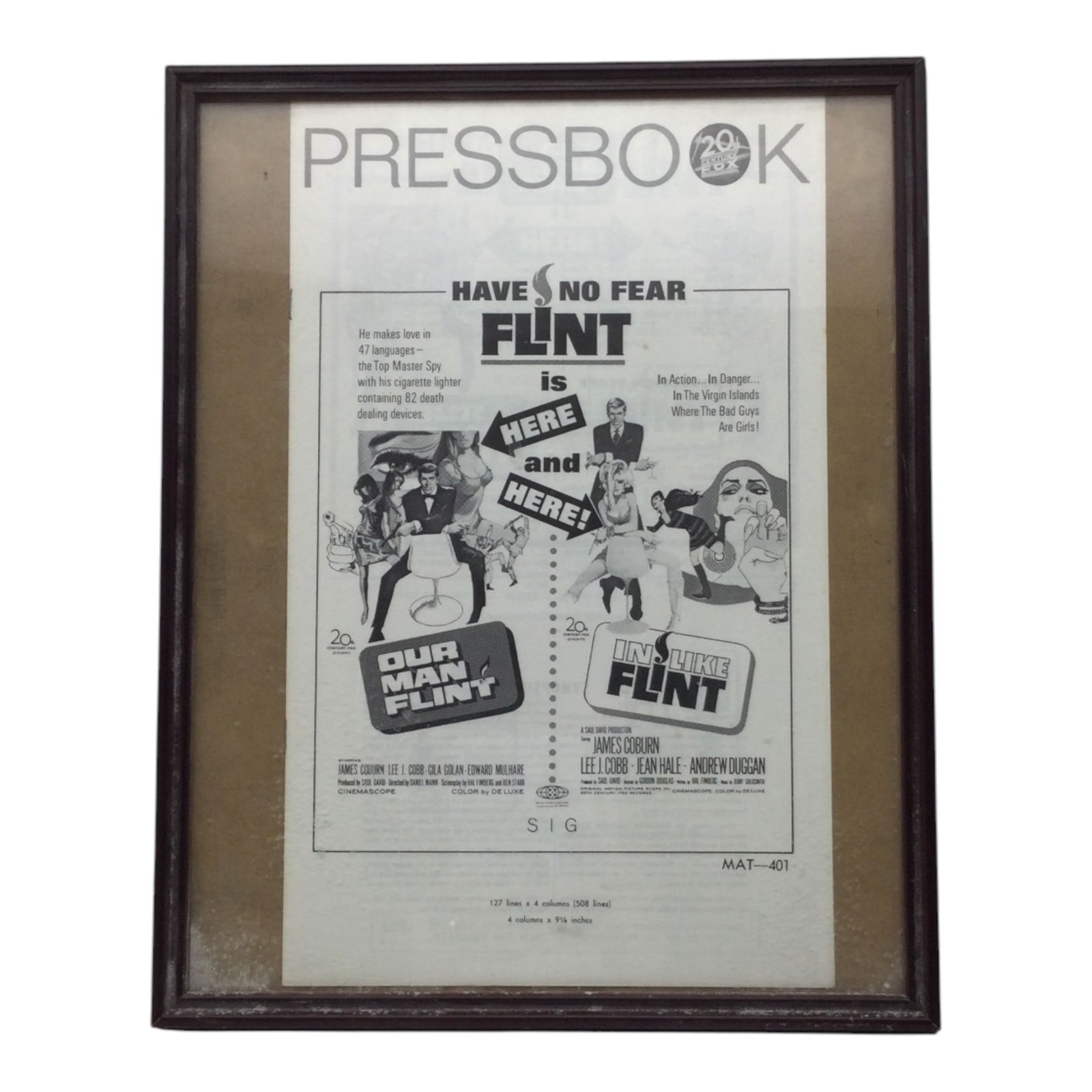 Framed 'Flint' Pressbook: Framed 'Flint' Pressbook, promoting James Coburn in 'Our Man Flint' and 'In Like Flint'. Approx. 14.75 inches tall x 11.75 wide