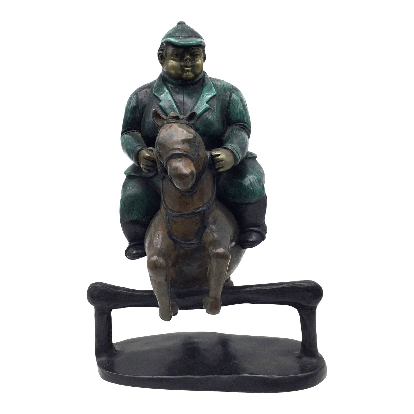 Bruno Luna Bronze Jockey on Horse Sculpture: Bruno Luna (Mexican, born 1963), bronze figural sculpture of a stylized jockey on horseback, evoking the voluminous style of Fernando Botero. Cast in bronze with polychrome surface finish. The rider