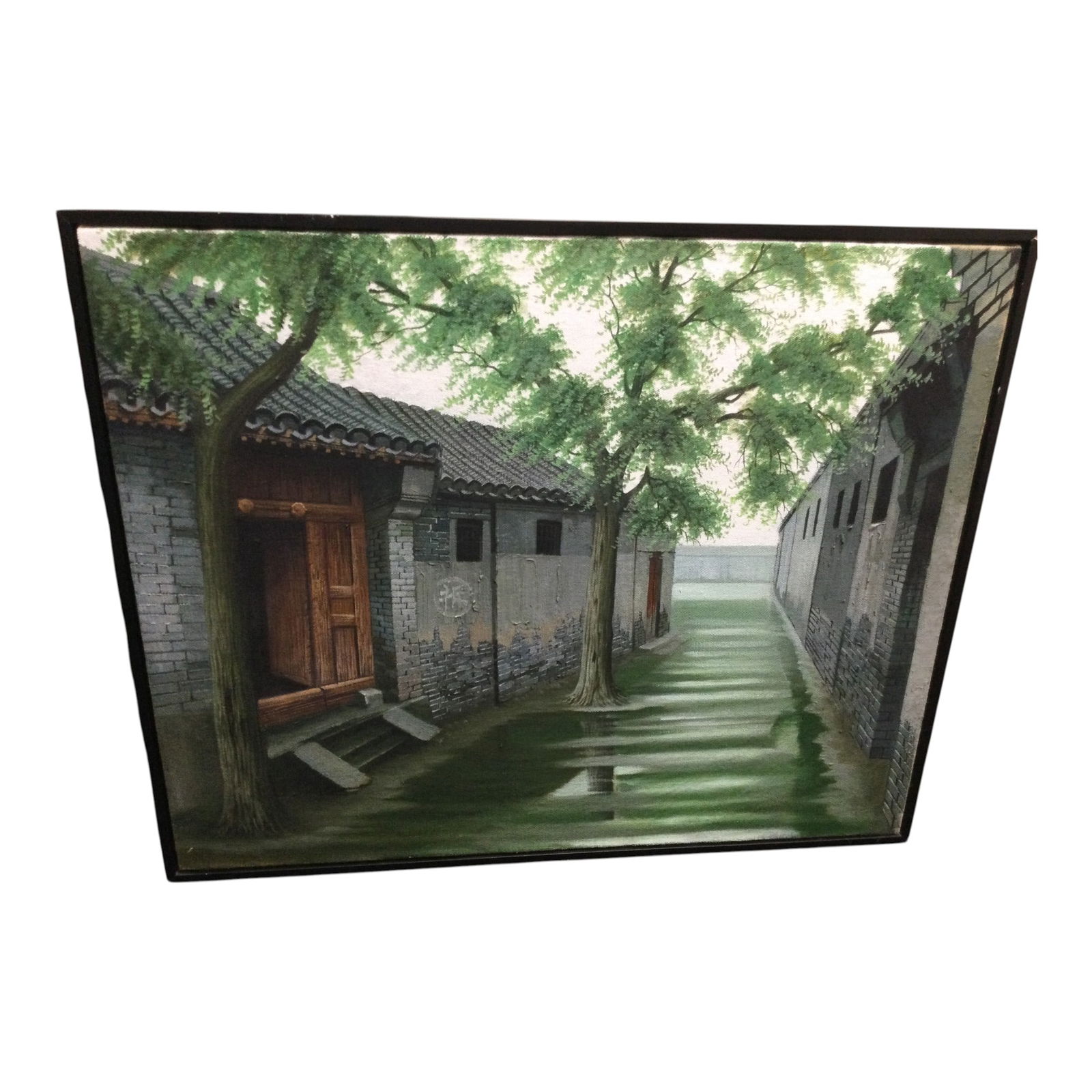 Mystery Artist Oil on Canvas Urban Landscape: Mystery Artist Oil on Canvas Japanese Architectural Scene. Approx. 33 inches tall x 41 wide.