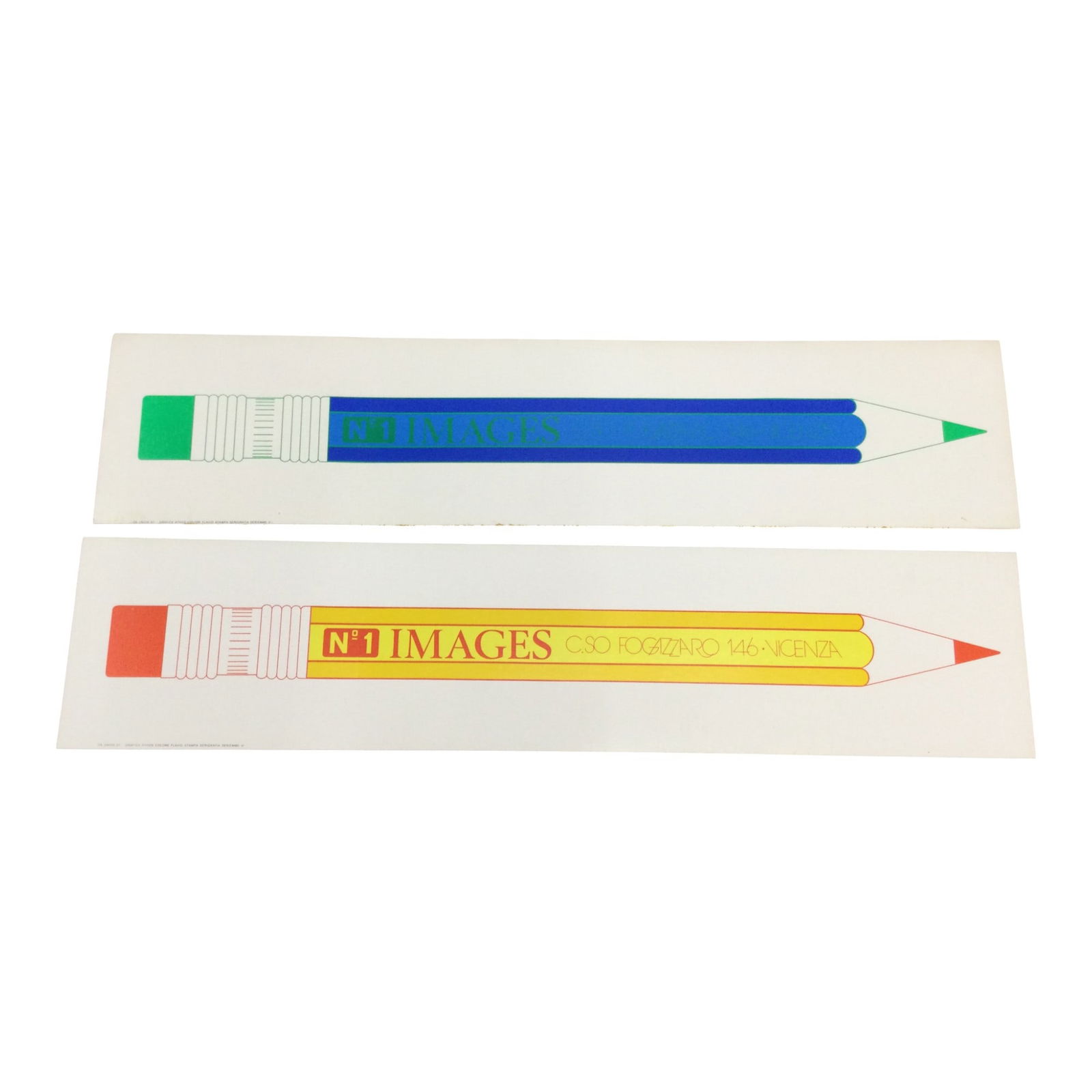 Pair Italian Serigraph Advertising: Pair Italian Serigraph Advertising by Athos Graphics for 'No. 1 Images C.SO Fogazzaro 146. Vicenza' which is the address of the company. These Serigraphs V and VI are pencils in blue and green, and