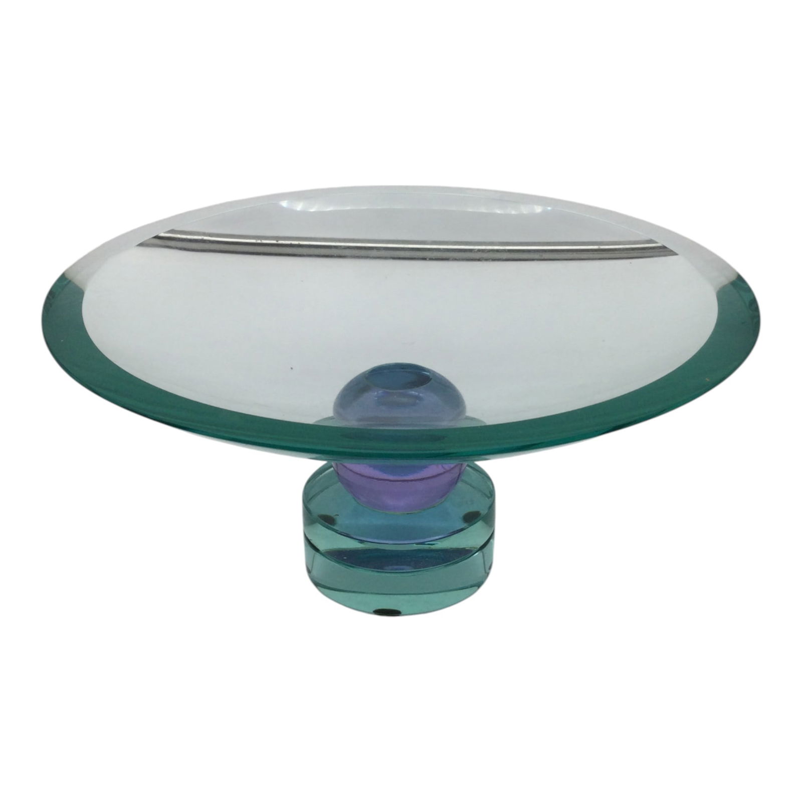 Signed Art Glass Pedestal Plate: Signed Glass Footed Pedestal Plate with purple sphere. Approx. 4.25 inches tall x 9.5 across.
