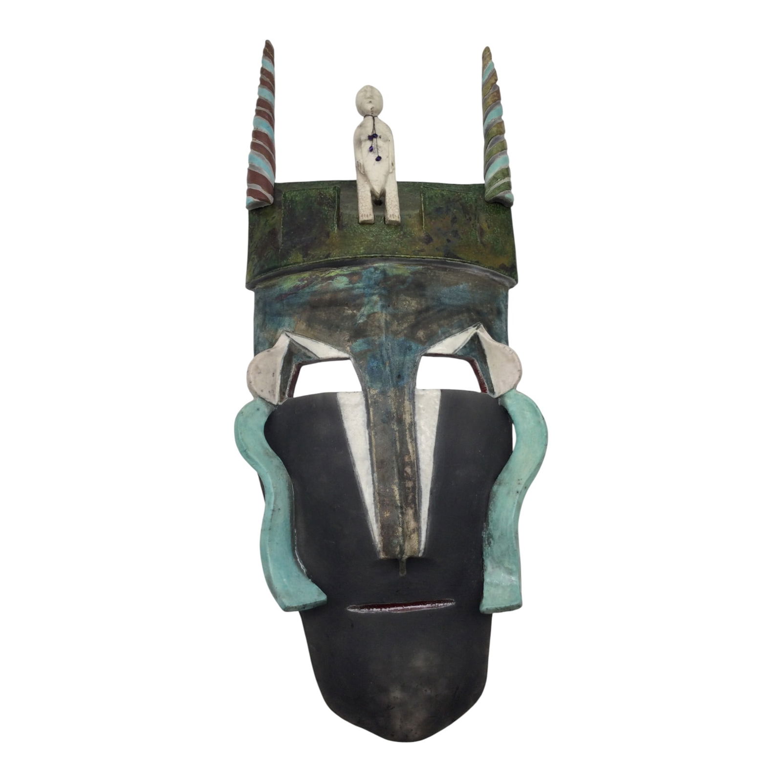 Kaminsky Signed Plaster Mask: Kaminsky Signed plaster wall hung Mask with spiral horns. Approx. 20 inches tall x 7.5 wide, 3 lbs.