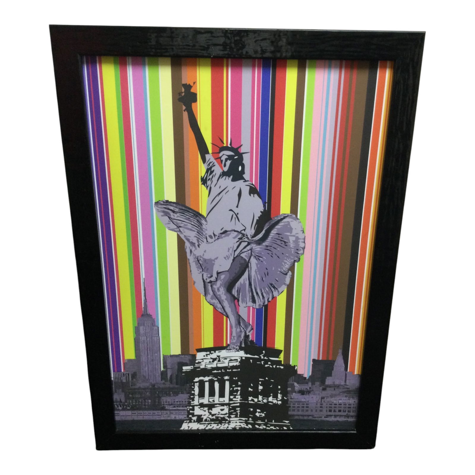 Pop Art Screen Print on Canvas: Pop Art Screen Print on Canvas in the manner of Banksy. Art work if depicting the Statue of Liberty top portion of body and Marilyn Monroe legs and dress blowing up, with NYC sky scrape and colorful v