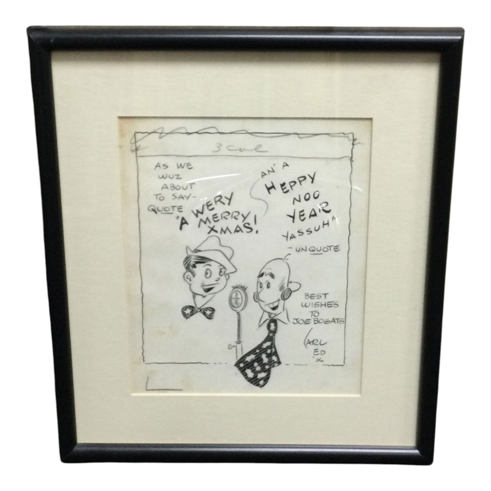 Carl Ed (1890 -1959) Signed Hand Drawn Cartoon to Joe Bogats (1 of 2)