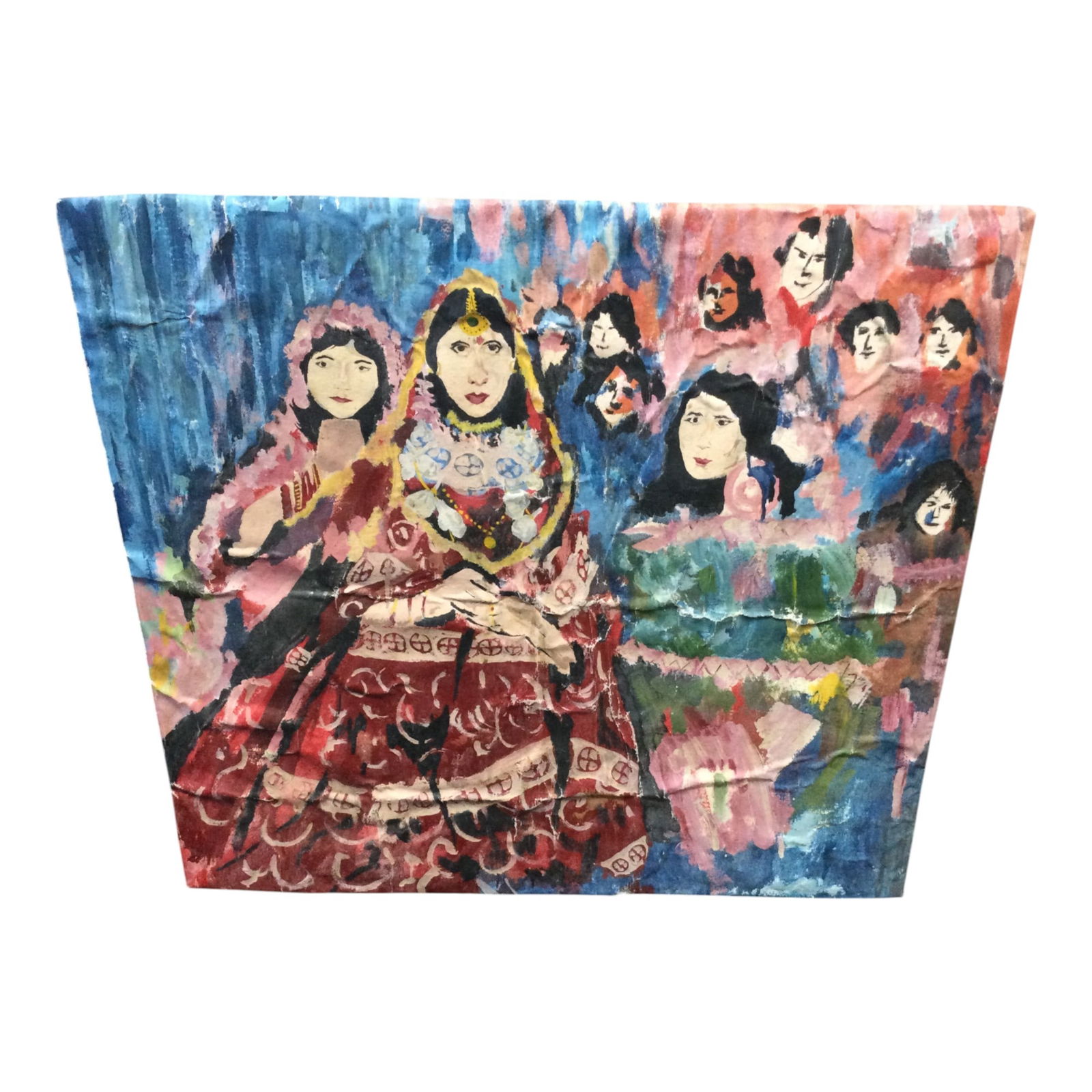 Mystery Artist Folk Art Oil on Canvas: Mystery Artist (not signed) Folk Art Oil on Canvas stapled to cardboard. Art depicts women at a celebration of sort wearing traditional dresses and head gowns. APprox. 26.5 inches tall x 29 wide.