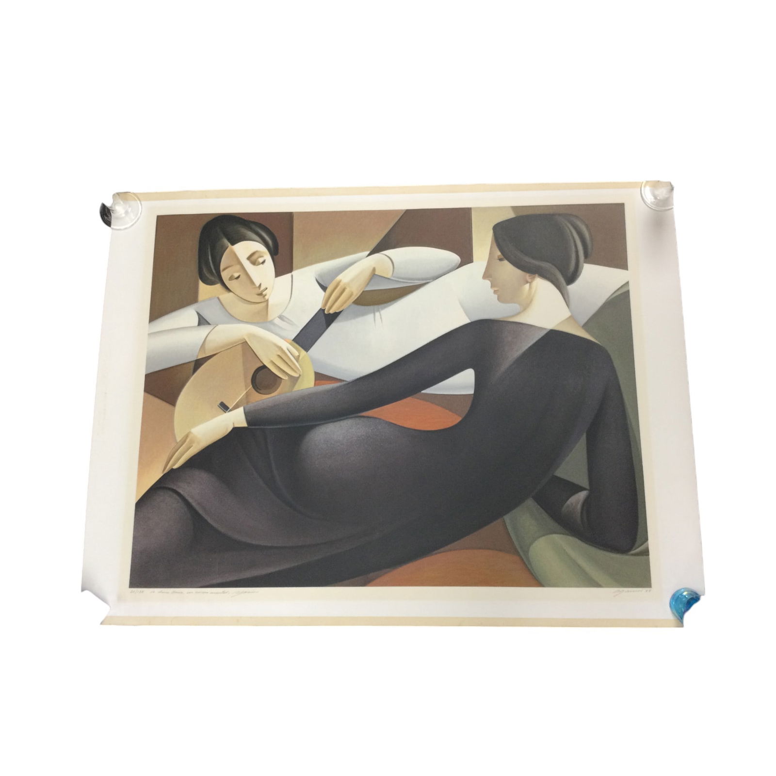 Armando Barrios (Venezuelan, 1920 - 1999) Signed and Numbered Cubist Abstract Lithograph: Armando Barrios (Venezuelan, 1920 - 1999) Signed, dated 1988 and Numbered 20/125 Cubist Abstract Lithograph titled 'Homage to Music', depicting 2 women laying on their sides and one playing a
