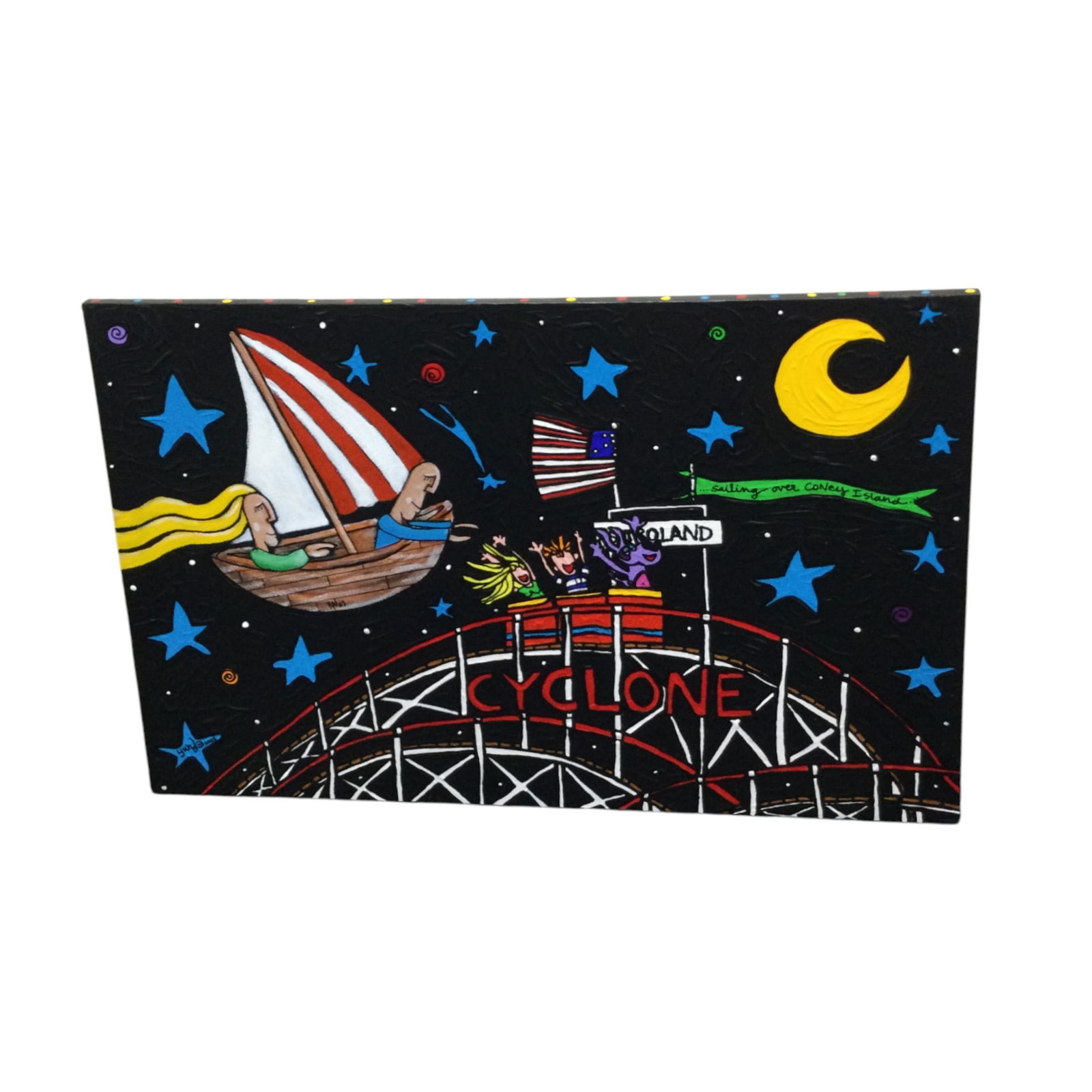 Laura Wrzesinski and Ryan E. Fitzgerald Singed 'Coney Island Sailing' on Canvas: Laura Wrzesinski and Ryan E. Fitzgerald Singed 'Coney Island Sailing' on Canvas. Coney Island Sailing is a collaboration between Laura Wrzesinski and Ryan E. Fitzgerald in 2003. Approx. 24 inches