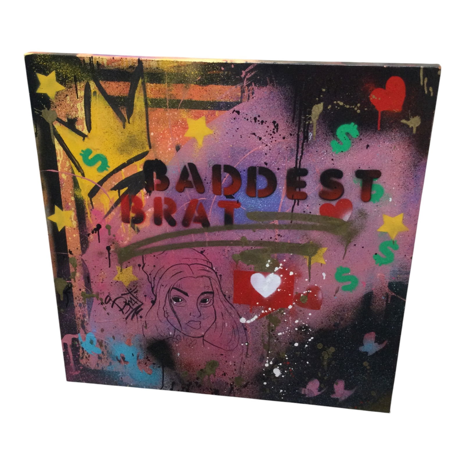 Graffiti on Canvas 'Brat': Singed (illegible on back) Graffiti on Canvas 'Brat'. Approx. 36 inches tall and wide.