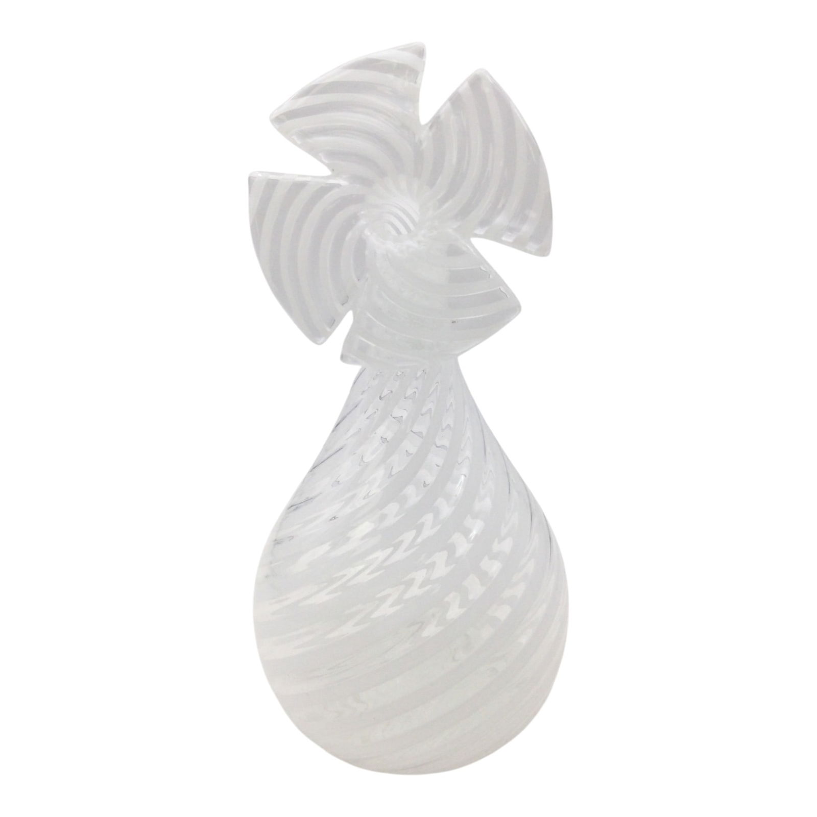 Orlando Zennaro Signed Murano Glass Vase: Orlando Zennaro Signed Murano swirl white Glass Vase with curved flower opening. Approx. 8.5 inches tall x 4 across. 11.8 oz.