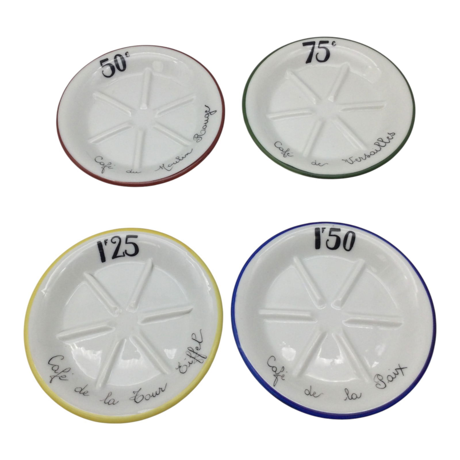 Lot of 4 Limoges Absinthe Saucers: Lot of 4 Limoges hand painted Absinthe Saucers for different cafes. These saucers were known as 'sous verre', used in french bistros for coasters and a way to keep track of customer bills. Approx.