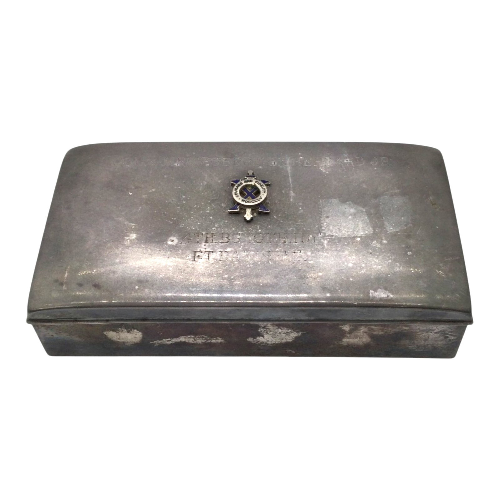 Poole Silver Co. Silver Plate Hinged Lid Box with US Army Crest: Poole Silver Co. Silver Plate Hinge Lid, wood interior, Box with US Army Courage and Fidelity Crest pin and engraved Col. and Mrs. Robert G.Sheppard Jr. 4th BG 10th Inf. FT. Davis C.Z. Approx. 1.5
