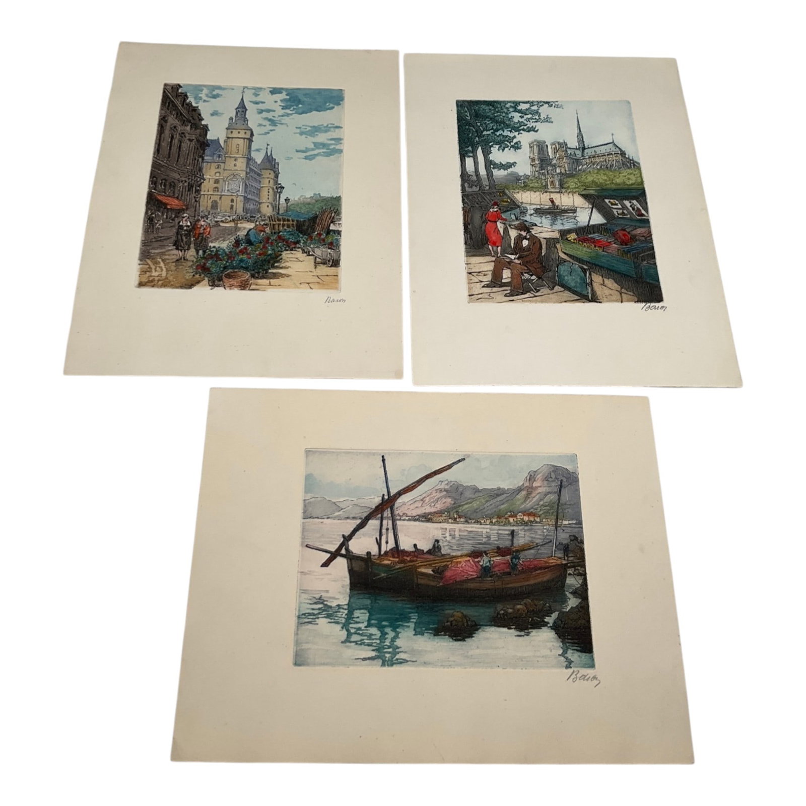 Lot of 3 Marcel Julien Baron (French, 1872-1956) Signed Colored Etchings (1 of 5)