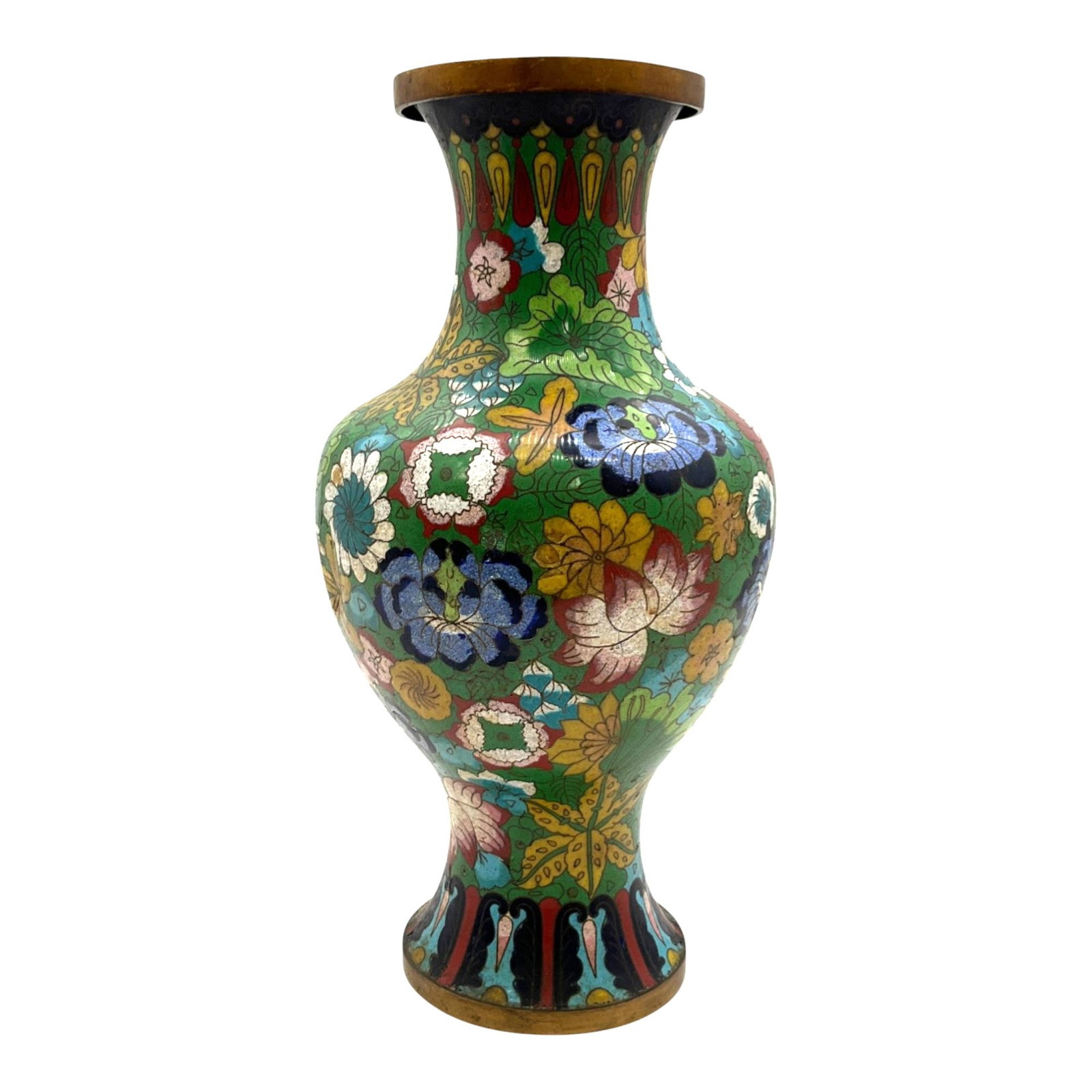 Cloisonne Vase: Cloisonne Vase with colorful flower motif. Approx. 12.75 inches tall x 6 across, 2.13 lbs.