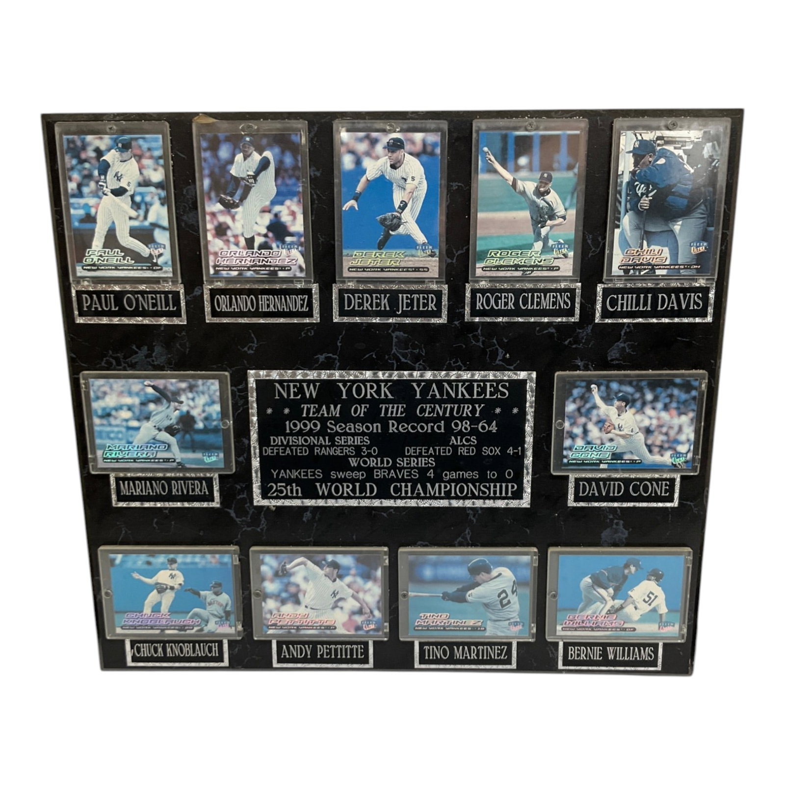 New York Yankees 1999 Plaque with 11 Fleer Ultra Playing Cards: New York Yankees Team of the century. 1999 season record 98-64. Divisional series, defeated Rangers 3-0. ALCS, defeated Red Sox 4-1. World Series Yankees sweep Braves 4-0. 25th World Championship.