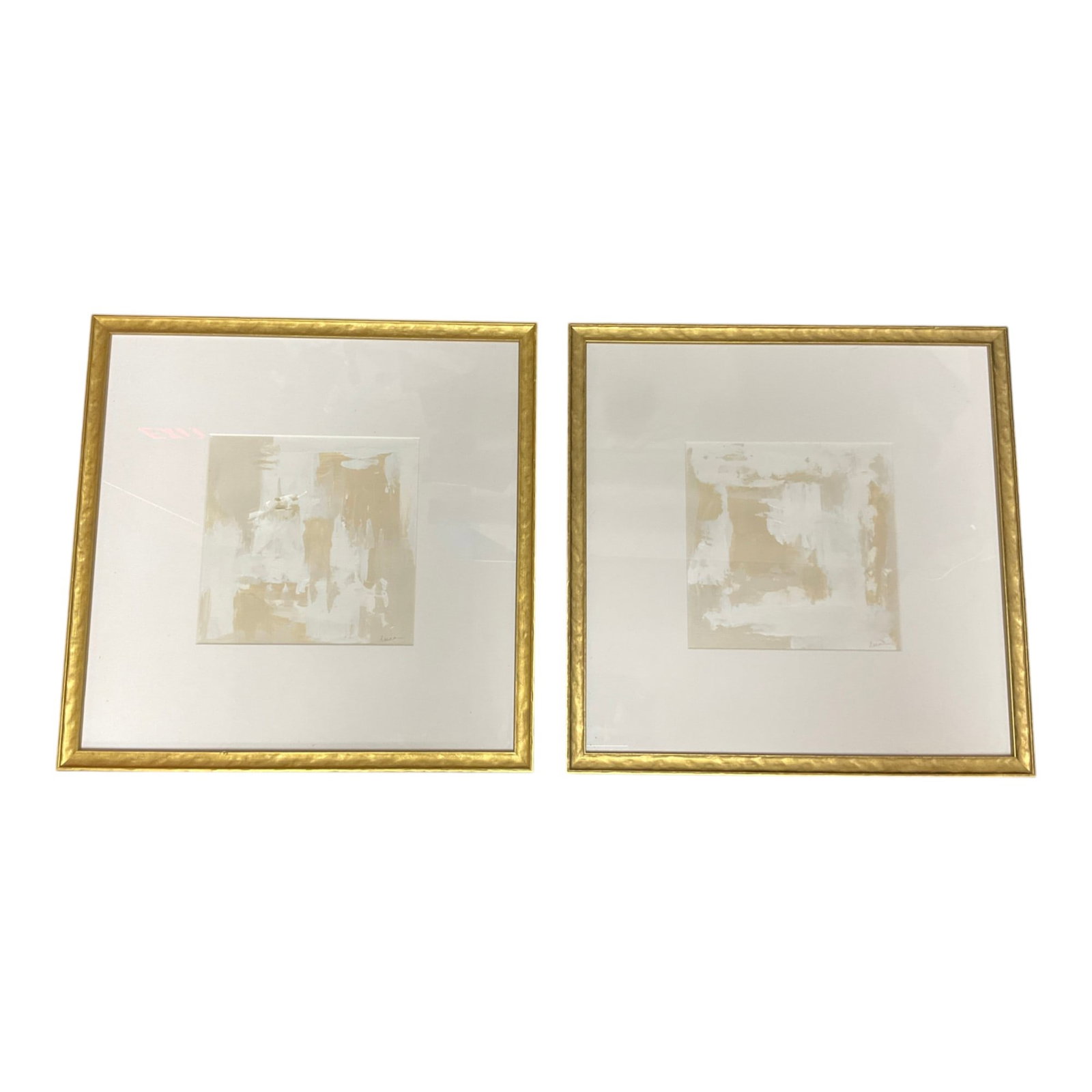 Pair Signed Abstract Art: Pair Signed (illegible) Abstract Art with white brush strokes. Approx. 17 inches tall x and wide.