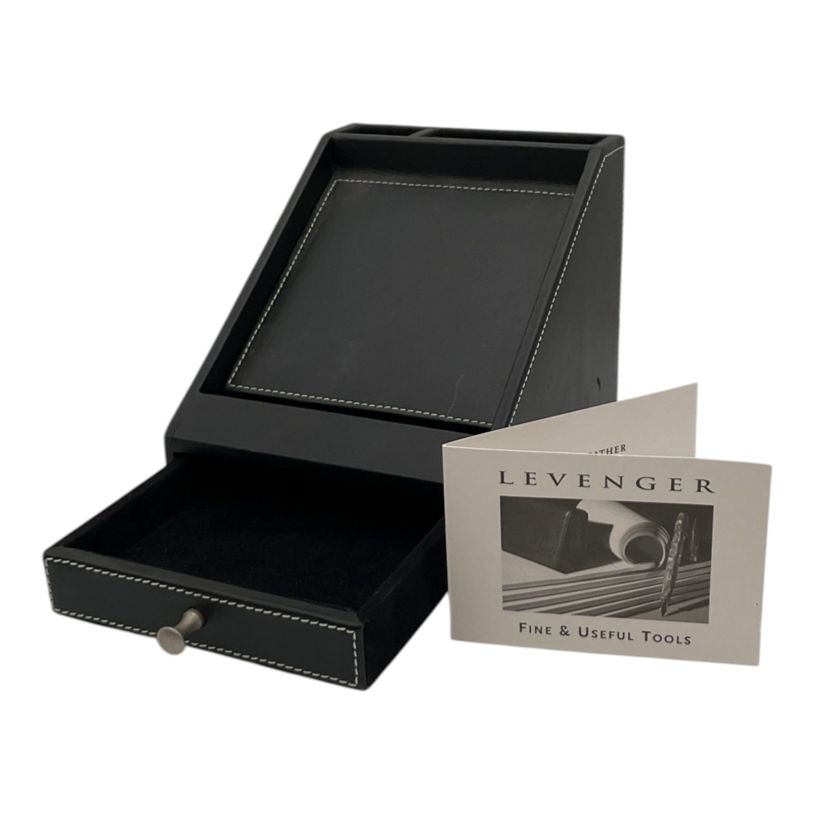 Levenger Black Leather Desk Caddy: Levenger Black LEather Desk Caddy with pull out drawer. APprox. 5 inches tall x 5.25 wide x 6.75 deep, 1.5 lbs.