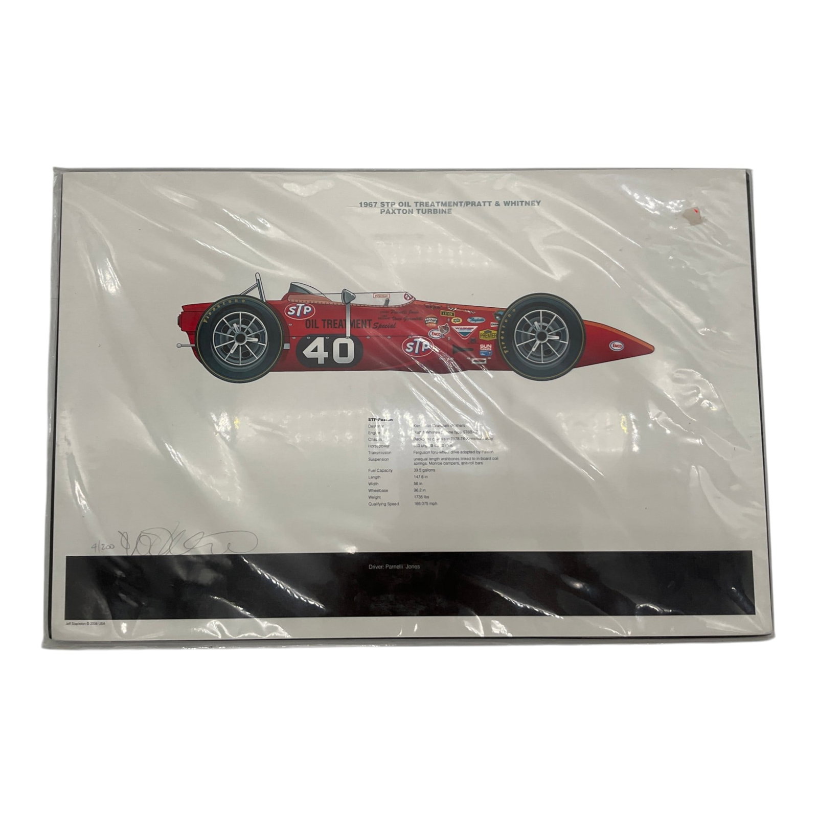 2006 Jeff Stapleton Signed and Numbered 1967 STP-Paxton Lithograph: 2006 Jeff Stapleton Signed and Numbered 4/200, Lithograph of 1967 STP Oil Treatment/ Pratt and Whitney Paxton Turbine #40. Driver: Parnelli Jones. Approx. 12 inches tall x 18 wide.
