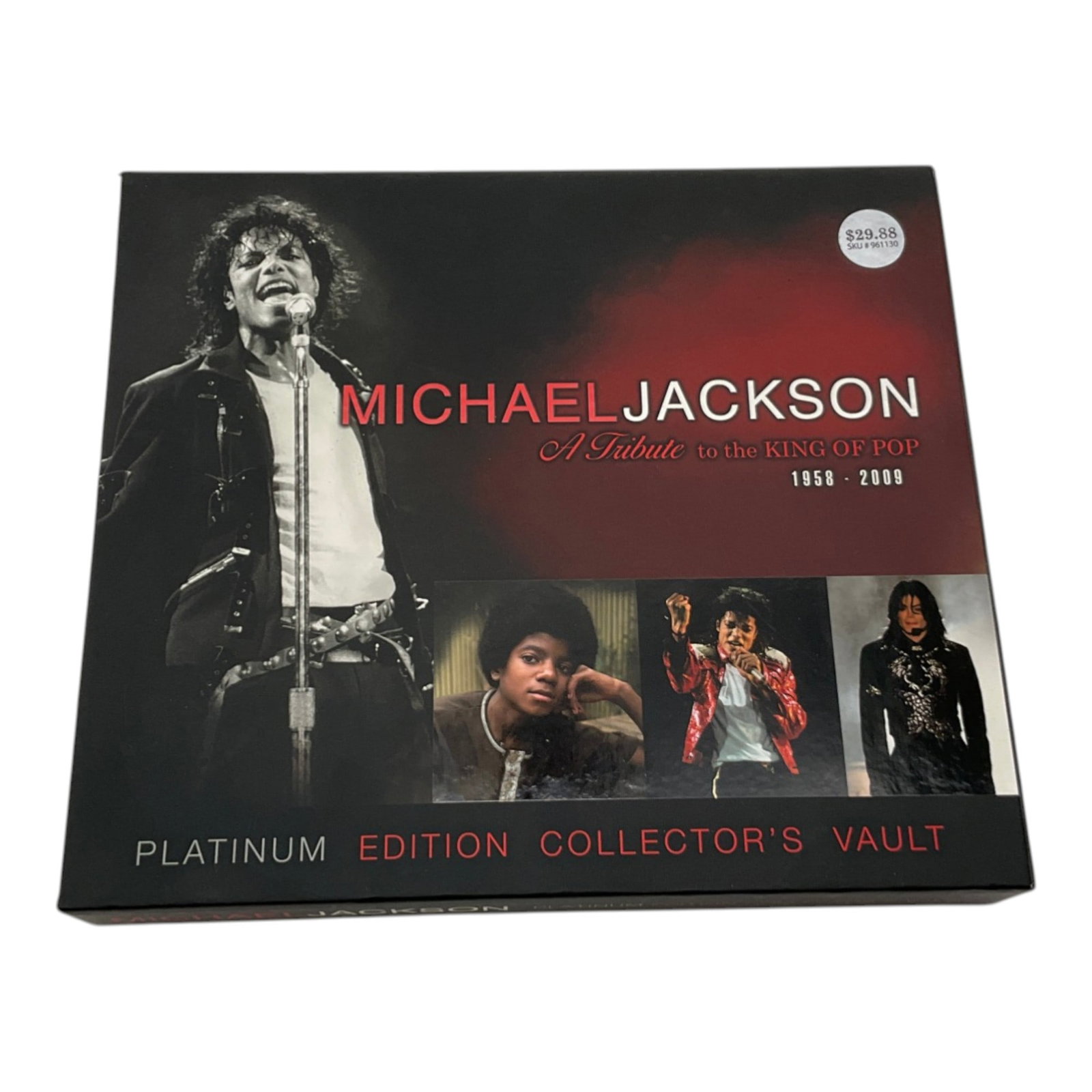 Michael Jackson A Tribute to The King of Pop Platinum Edition Collector's Vault Hardcover: Michael Jackson A Tribute to The King of Pop Platinum Edition Collector's Vault 1958-2009 Hardcover. APprox. 10.75 inches tall x 12 wide x 1.5 deep, 3.11 lbs.