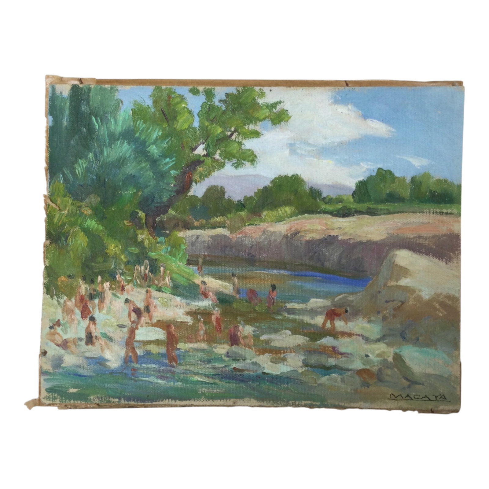 Luis Macaya Signed Oil on Canvas 'Cordoba': Luis Macaya Signed (b. 1888) Oil on Canvas 'Cordoba' depicting people swimming and playing on a waterbank river. Approx. 7.25 inches tall x 9.25 wide.