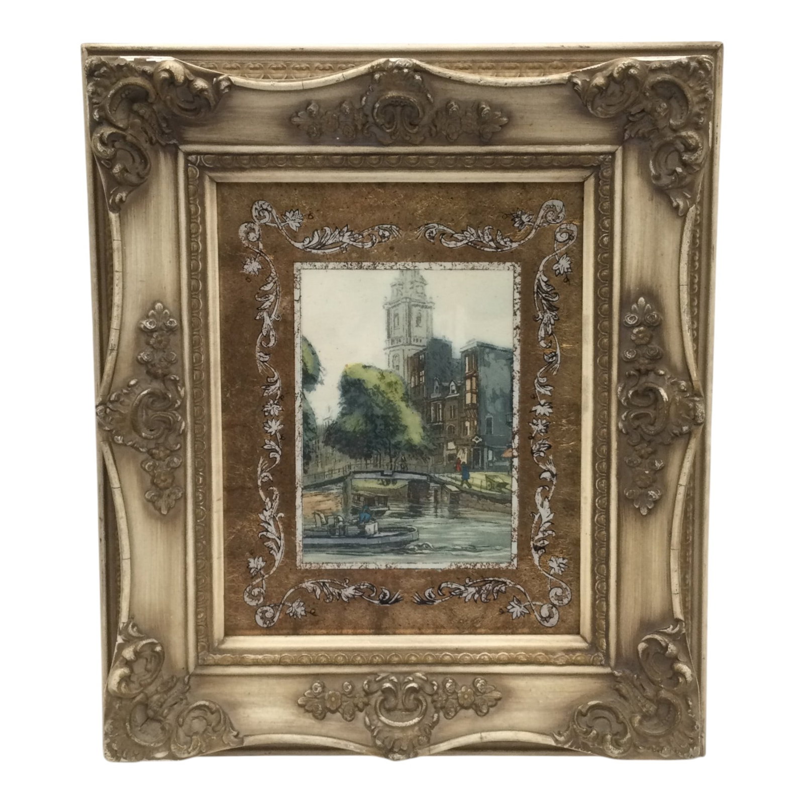 Framed Litho of Amsterdam Scene w/ Gold Leaf Reverse Painting: Framed Lithograph of Westertoren Tower in Amsterdam with Gold Leaf Reverse Painting. Approx. 15 inches tall x 13 wide x 2 deep, 3.1 lbs.