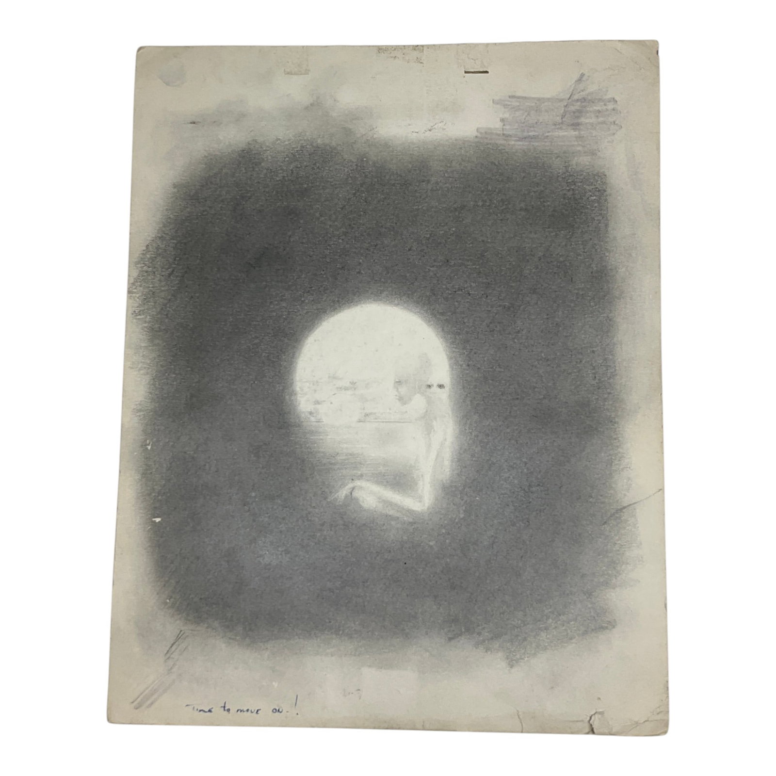 Pencil Sketch on Paper: Pencil Sketch on Paper depicting an alien 'Time to move on.!', unsigned. On back of paper is a start of a pencil sketch of a mans head. Approx.14 inches tall x 11 wide.