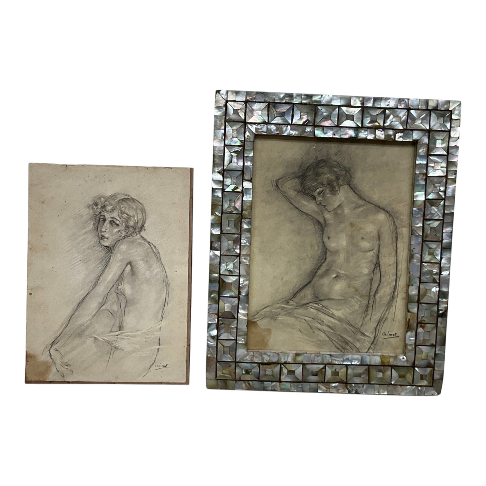 Pair Edouard Chimot (French, 1880-1959) Signed Pencil Sketch Nudes: Pair Edouard Chimot (French, 1880-1959) Signed Pencil Sketch Nudes. 1 is in MOP wall hanging frame. Approx. 10 inches tall x 8 wide,1.6 oz.
