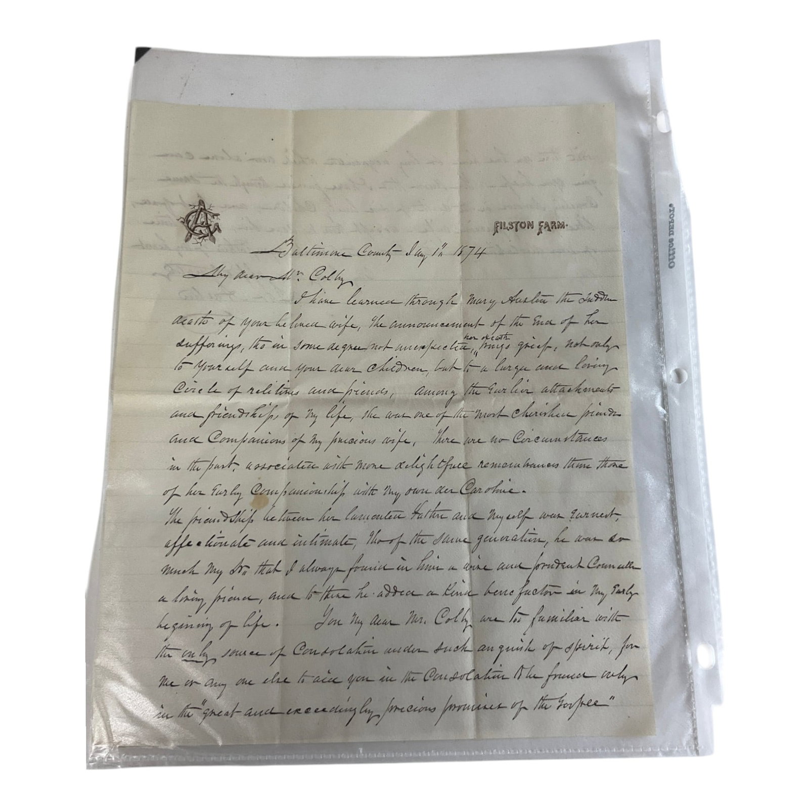 1874 Letter of Condolences from George Austin (1 of 3)