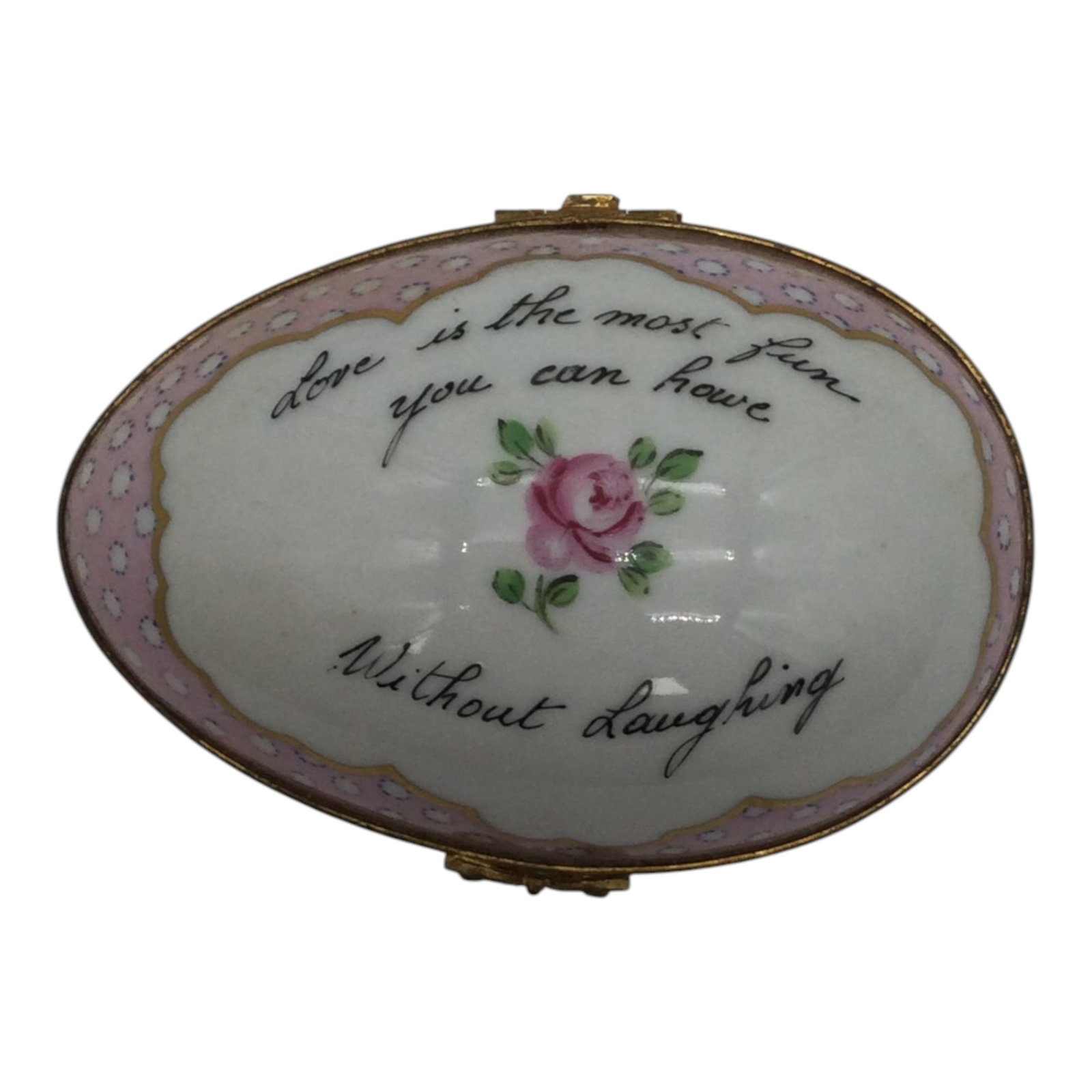 Tiffany Co. Private Stock by Le Tallec Trinket Box: Tiffany Co. Private Stock by Le Tallec hand painted egg shaped hinge lid Trinket Box. Top of of box inscribed with 'Love is the most fun you can have without laughing'. Approx. 2 inches tall x 4 wide 