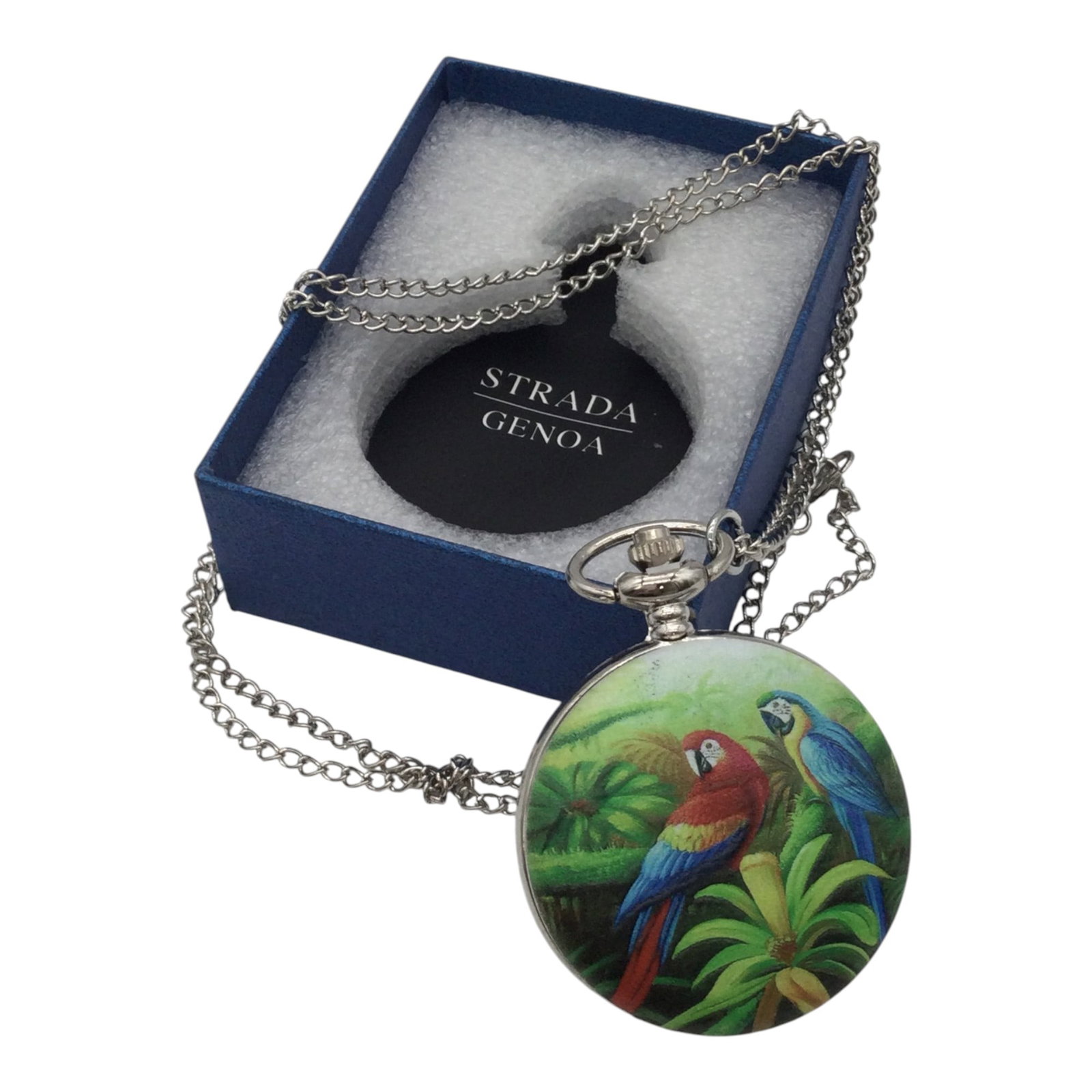 Strada Genoa Pocket Watch / Pendant: Strada Genoa Pocket Watch / Pendant with a colorful pair of macaws on exterior of spring lid. Approx. - Necklace 30 inches end to end. (watch) 2 inches tall x 2 wide x 3/8 deep, 1.7 oz.
