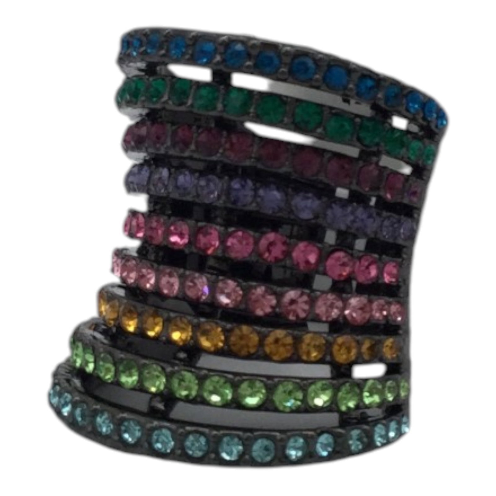 JVT Off Park Collection Crystal Ring: JVT Off Park Collection gunmetal and rainbow Crystal Ring. Approx. size 5.75, 1 inch tall x 1 wide x 7/8 deep, 0.5 oz.