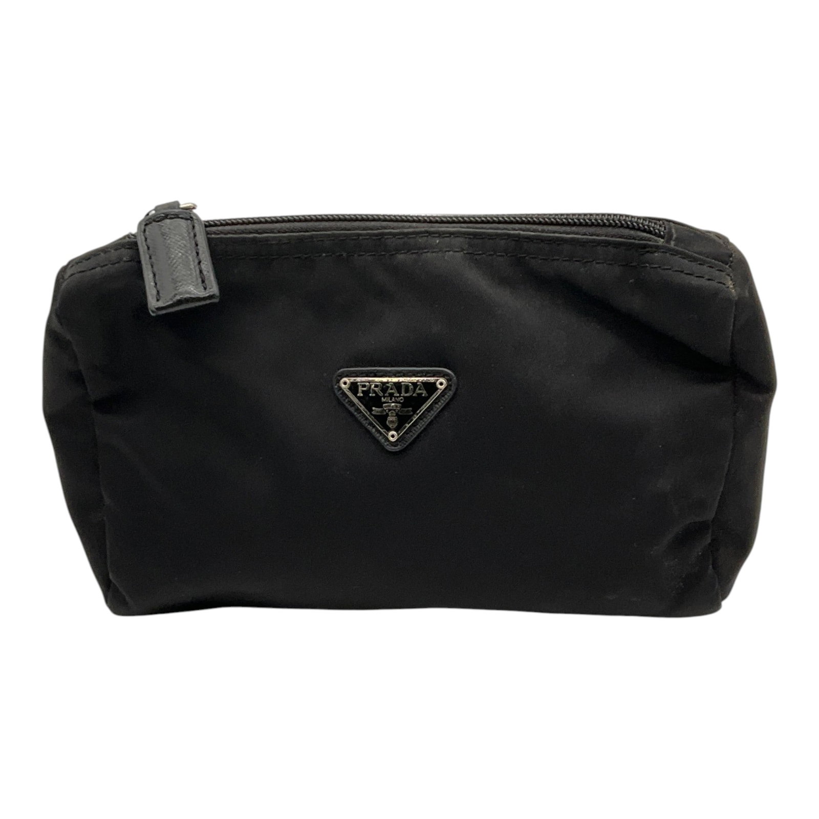 Prada Black Nylon Cosmetic Bag: Prada Nylon Cosmetic Bag. Approx. 6 inches tall x 8 wide x 1 deep, 2.3 oz.