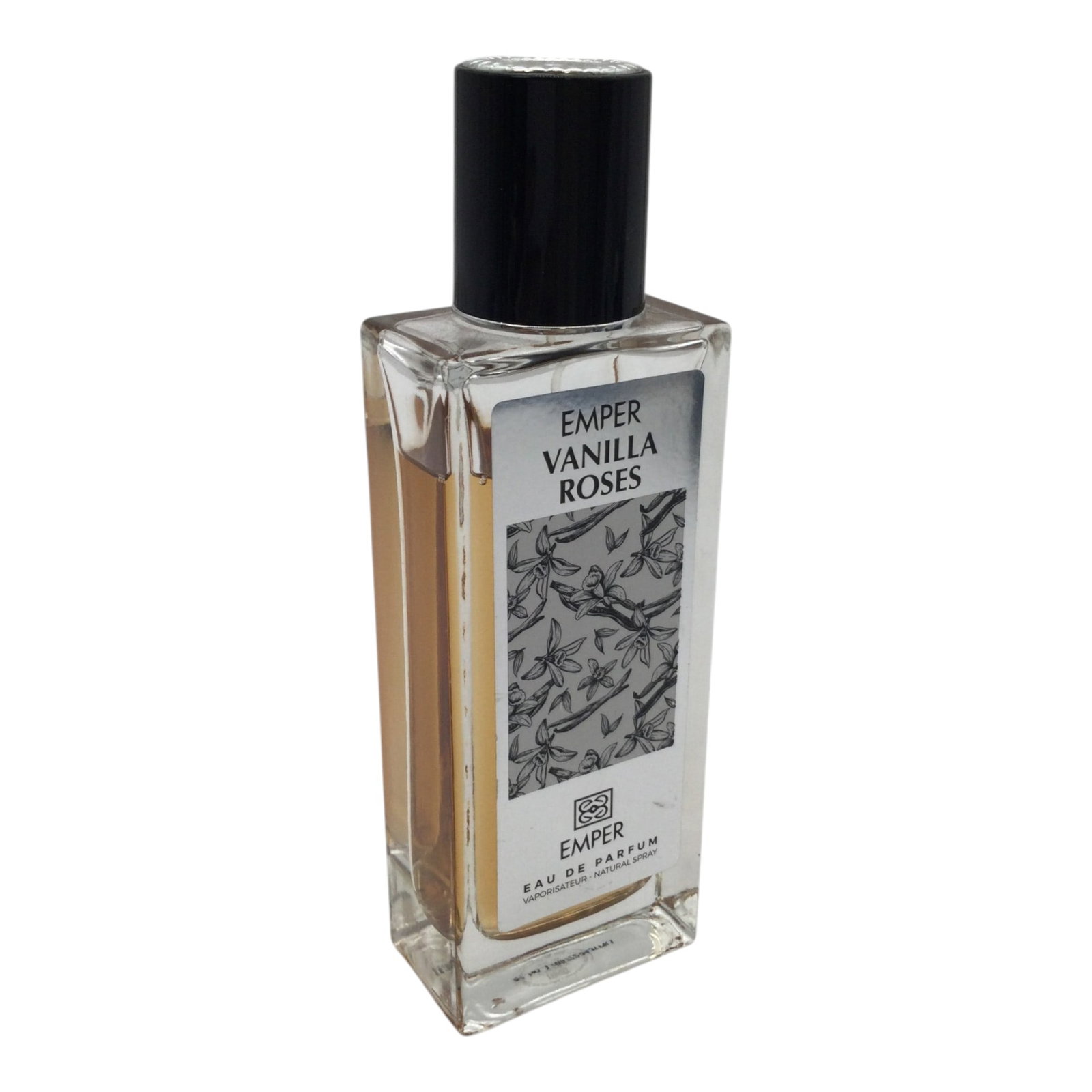EMPER Vanilla Roses Eau de Parfum: EMPER Vanilla Roses Eau de Parfum spray. Approx. 6.5 inches tall x 2.5 wide x 1.25 deep, 14.1 oz. Approx. 80% full.